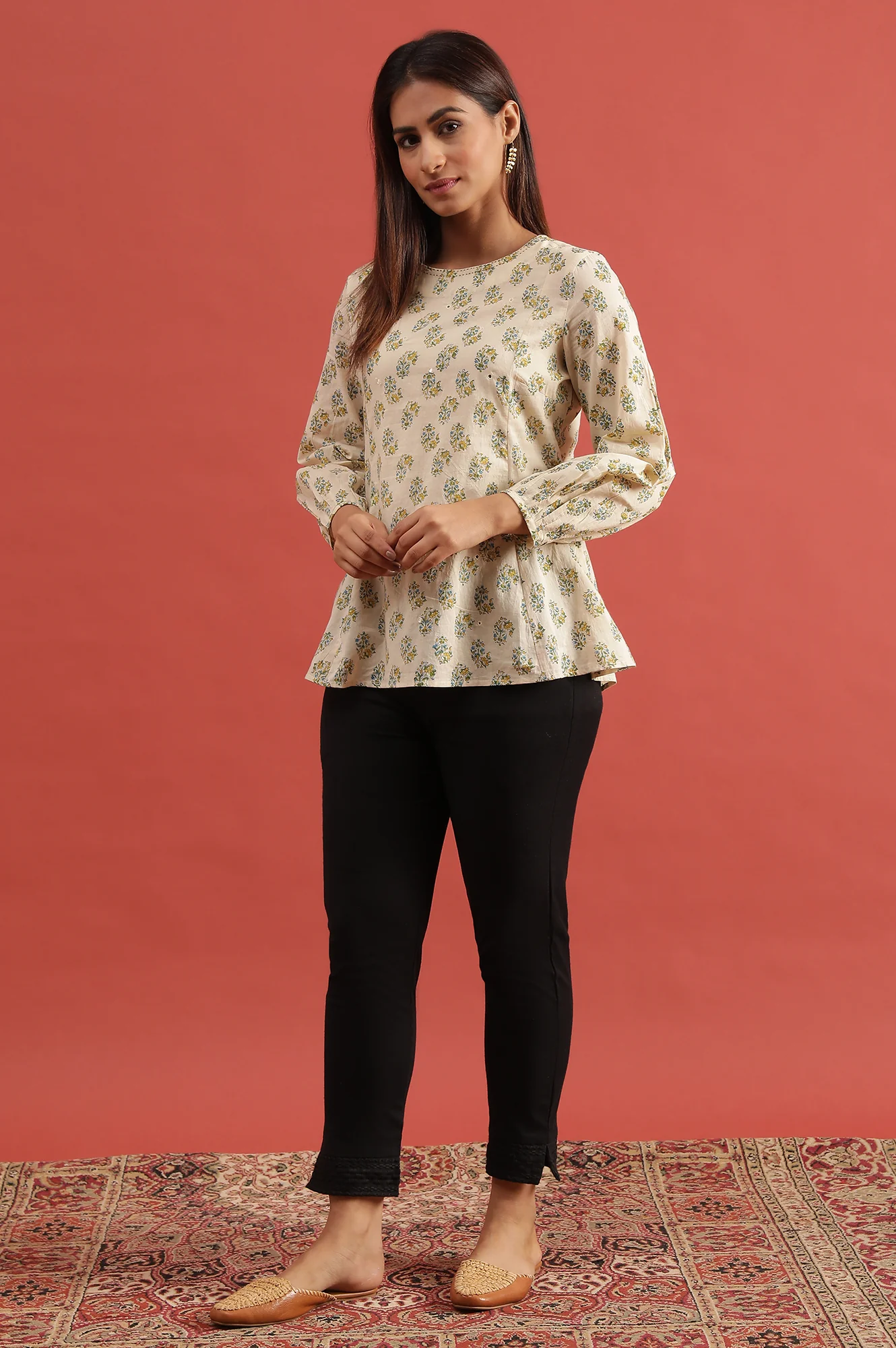 Ecru Hand Block Printed Round Neck Top - Image 3