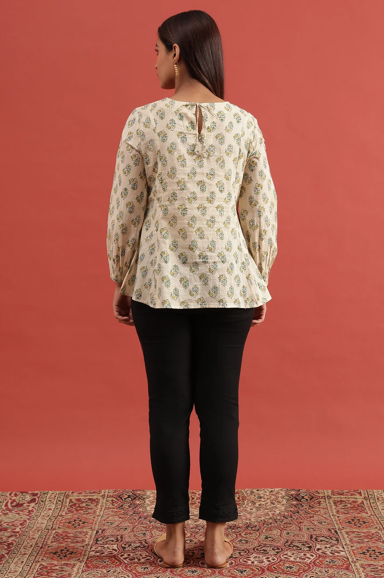Ecru Hand Block Printed Round Neck Top - Image 4