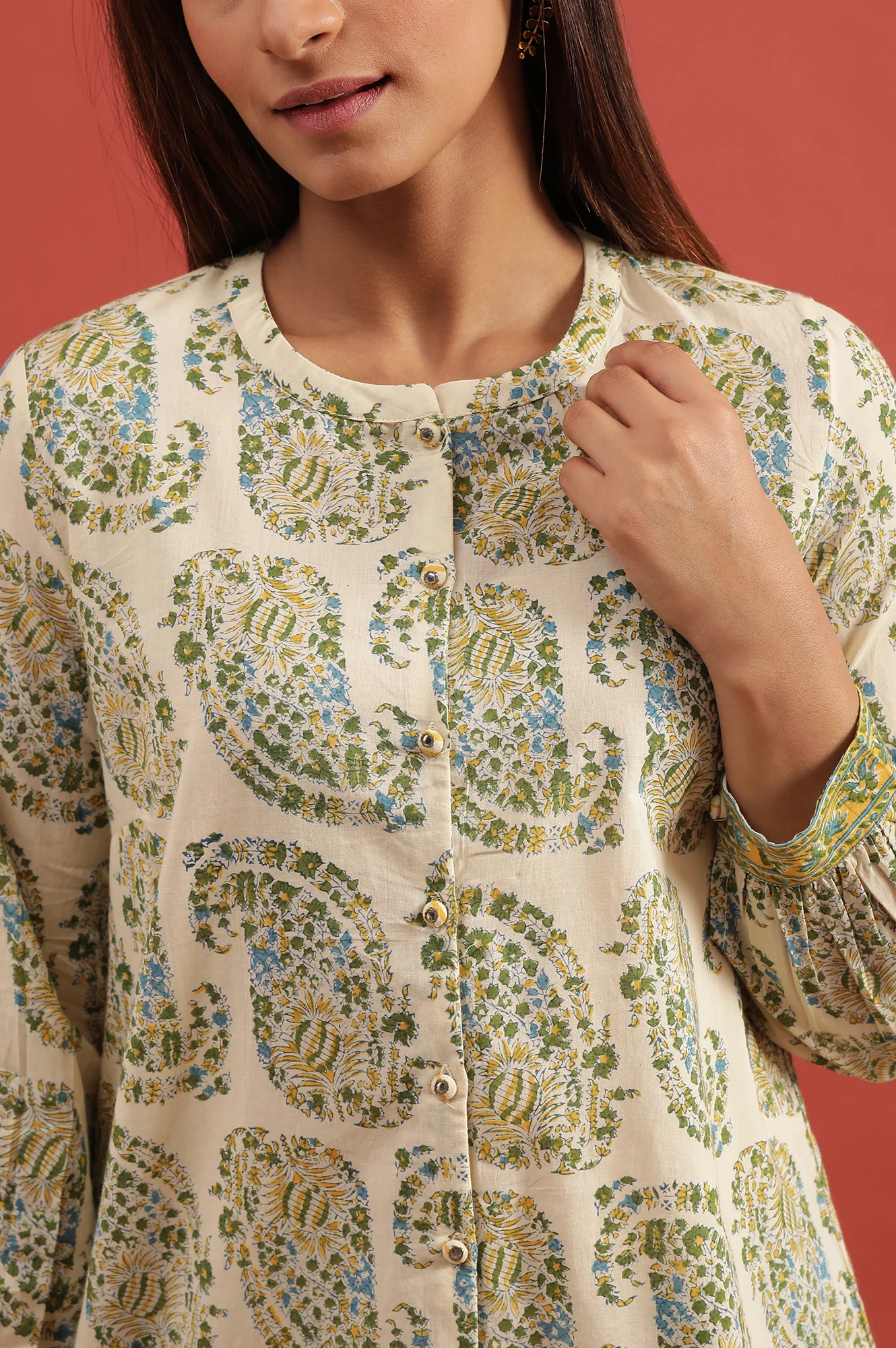 Ecru Hand Block Printed Shirt - Image 6