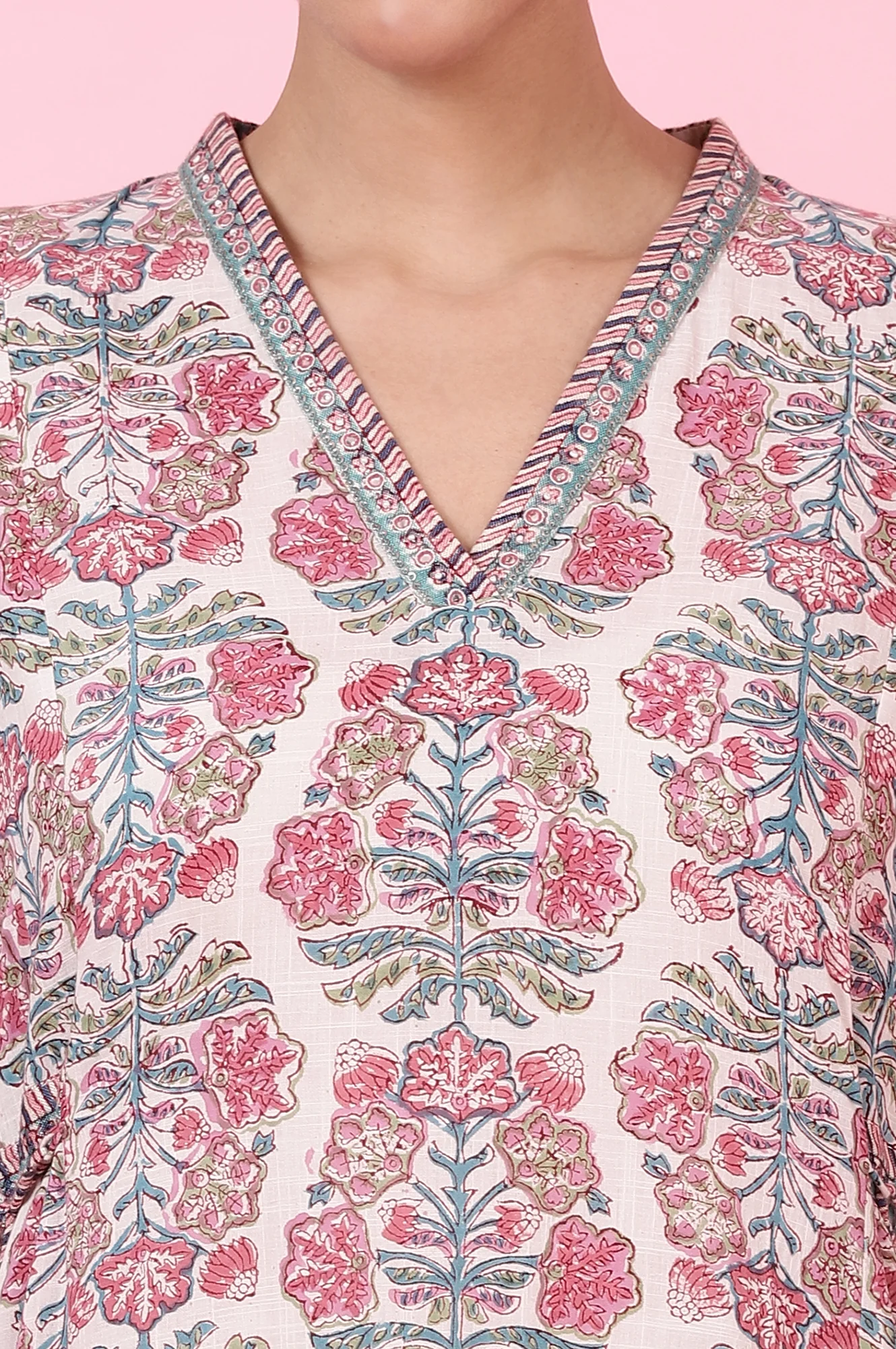 Ecru Handblock Printed Flared Kurta in Cotton Slub - Image 4