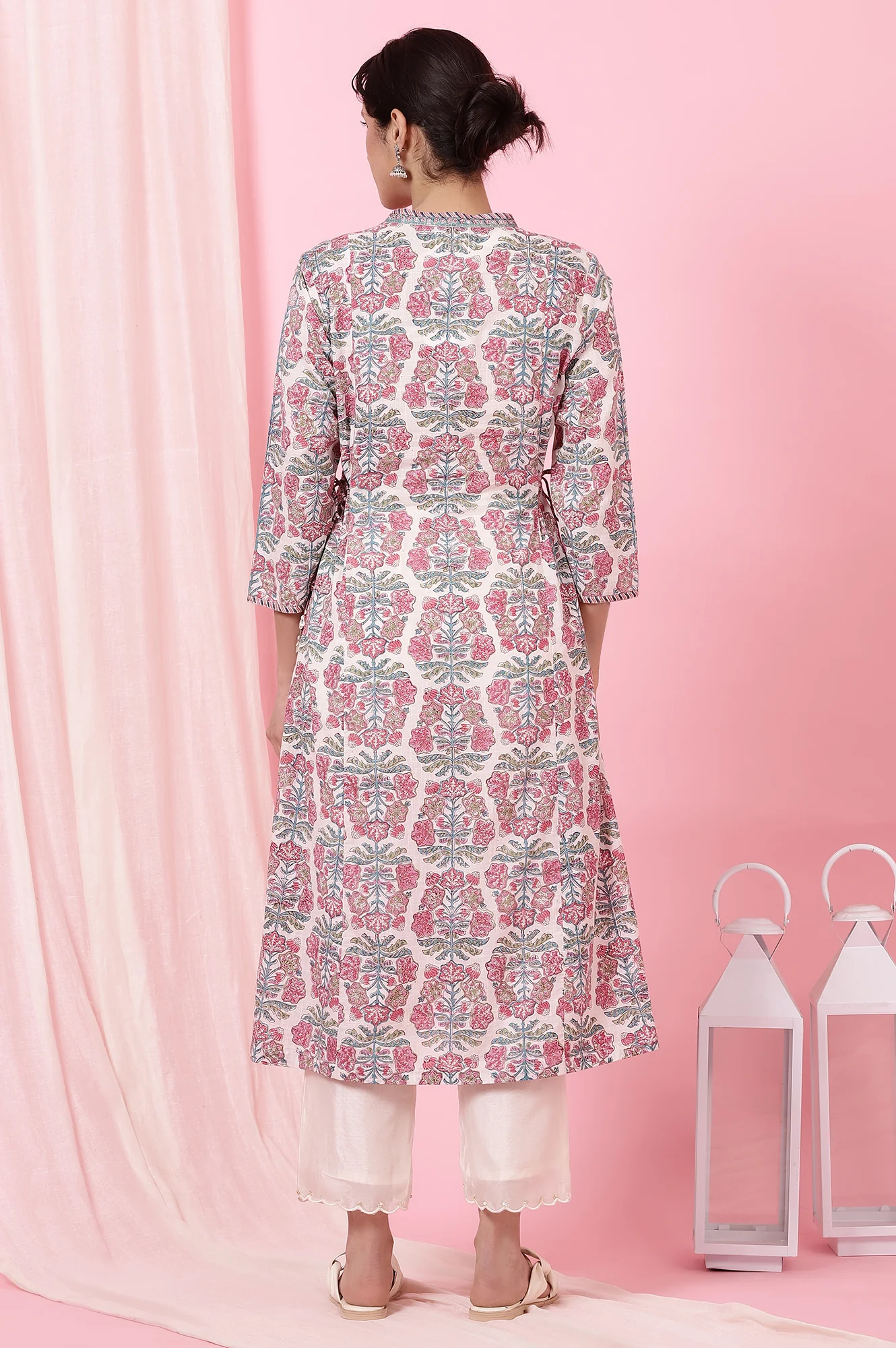 Ecru Handblock Printed Flared Kurta in Cotton Slub - Image 6