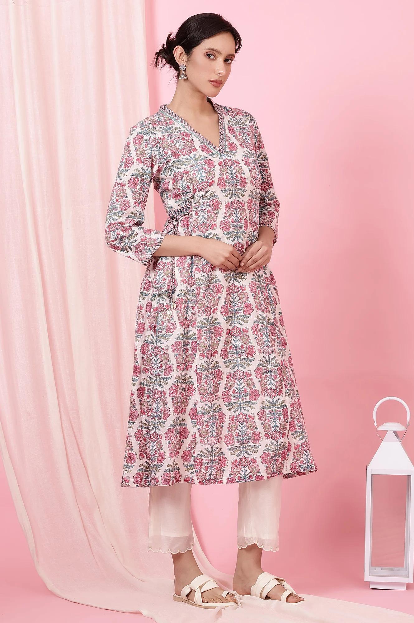 Ecru Handblock Printed Flared Kurta in Cotton Slub - Image 7