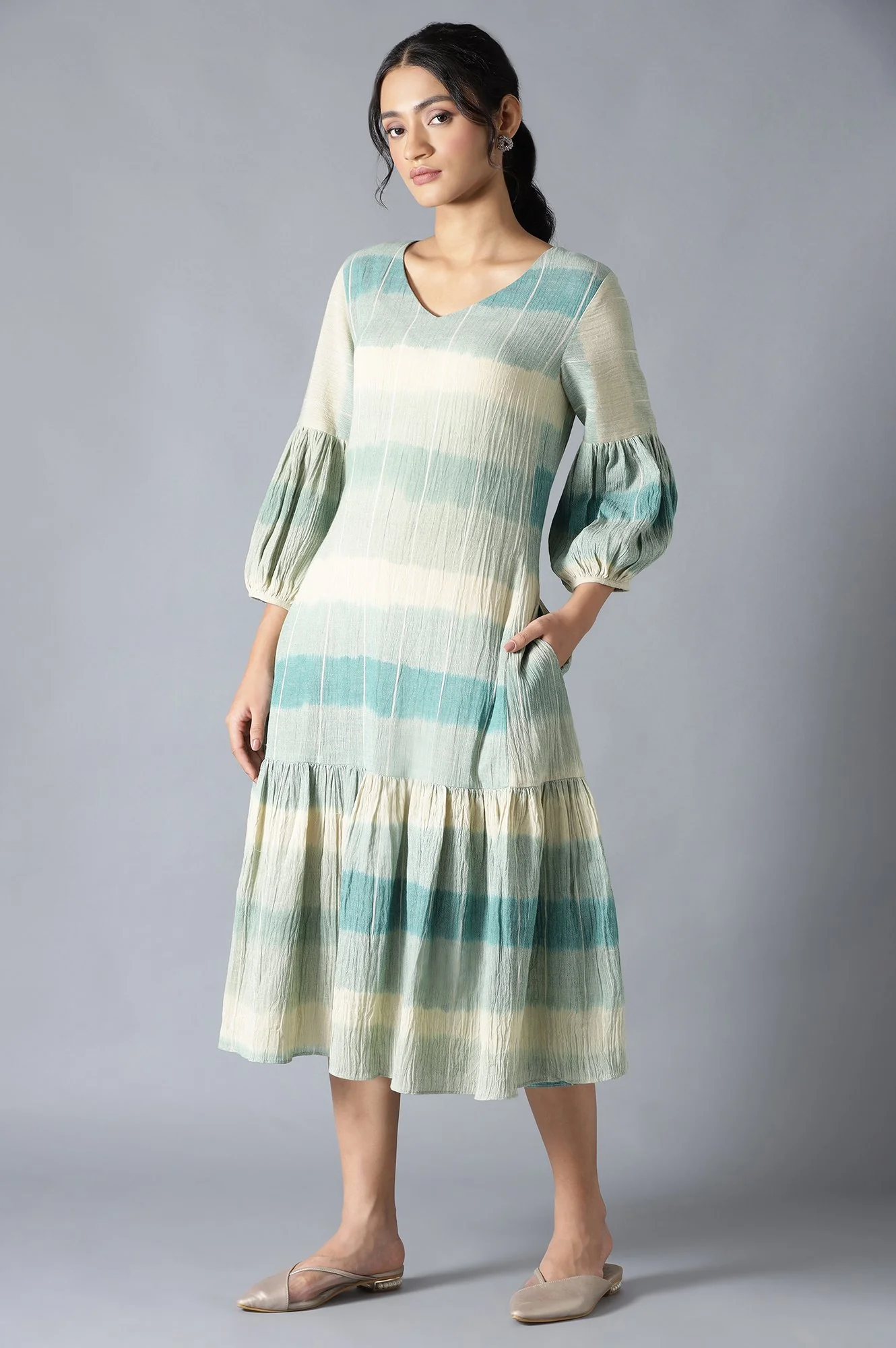 Multicoloured Ikkat Print Cotton Dress In V-Neck - Image 3