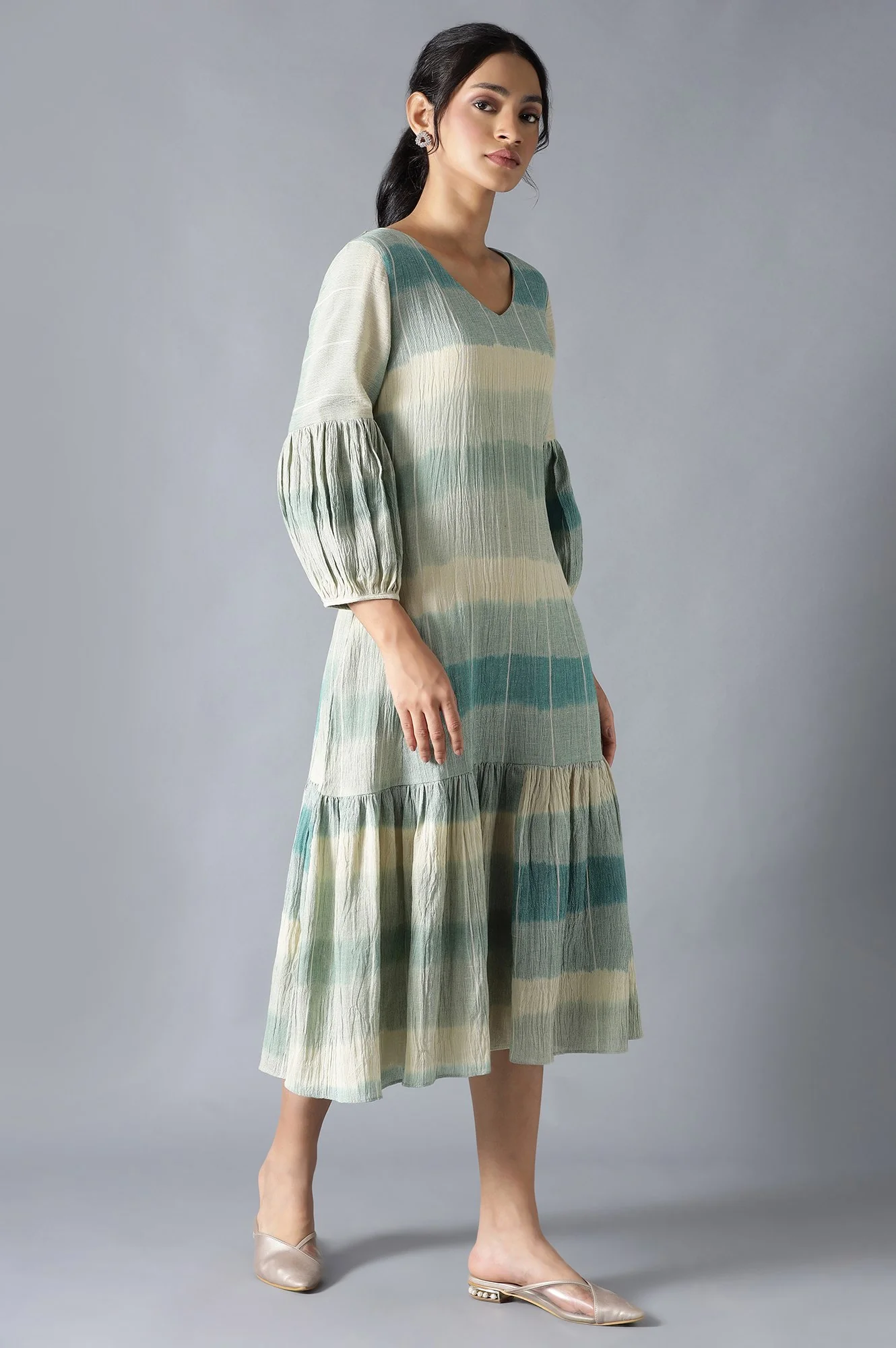 Multicoloured Ikkat Print Cotton Dress In V-Neck - Image 4