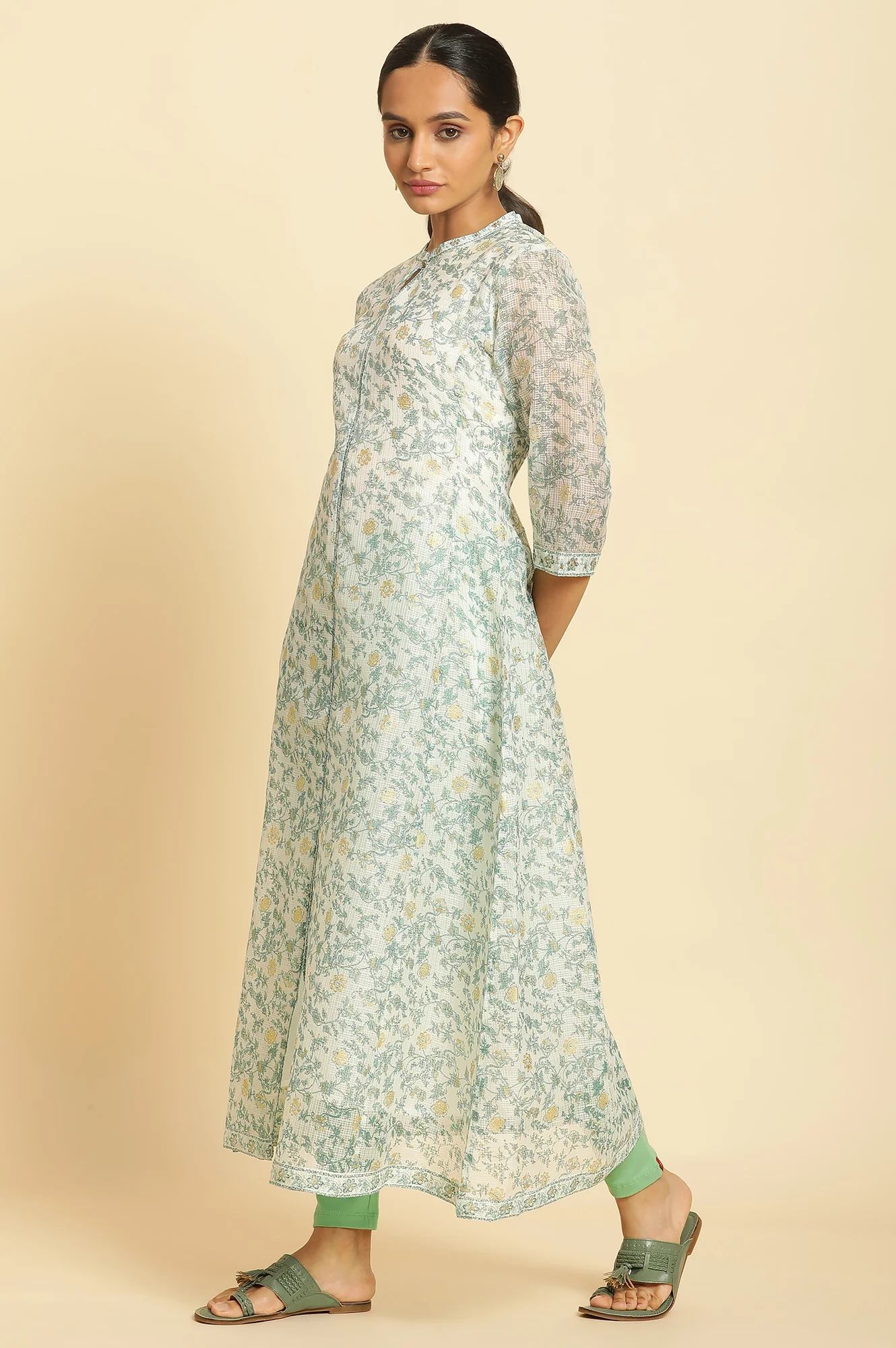 Ecru Kota Kurta with Green Floral Print - Image 2