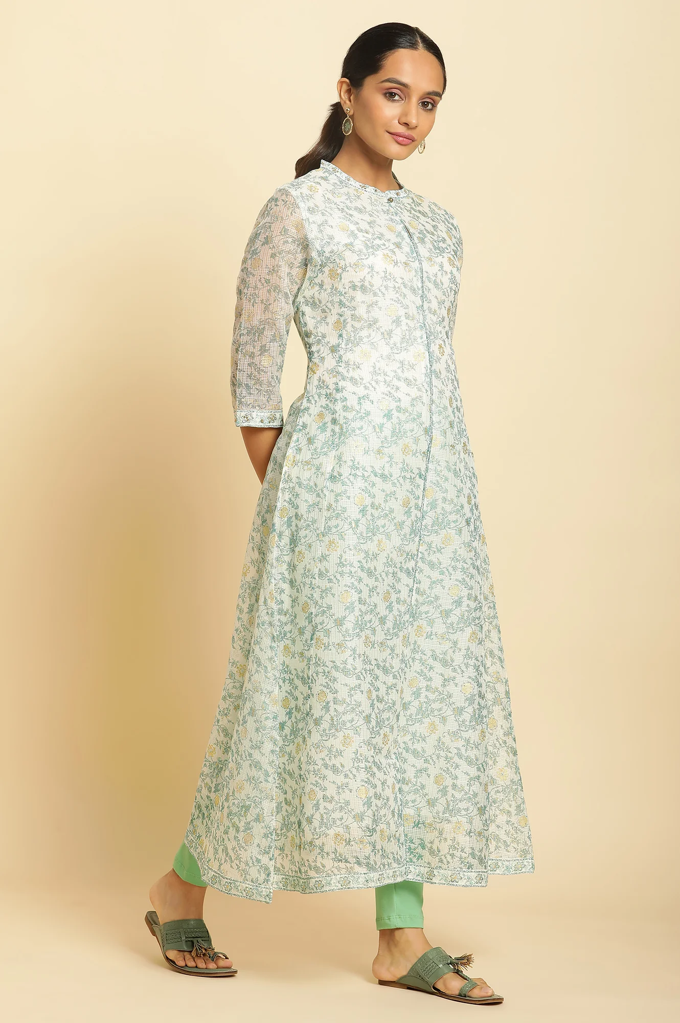 Ecru Kota Kurta with Green Floral Print - Image 4