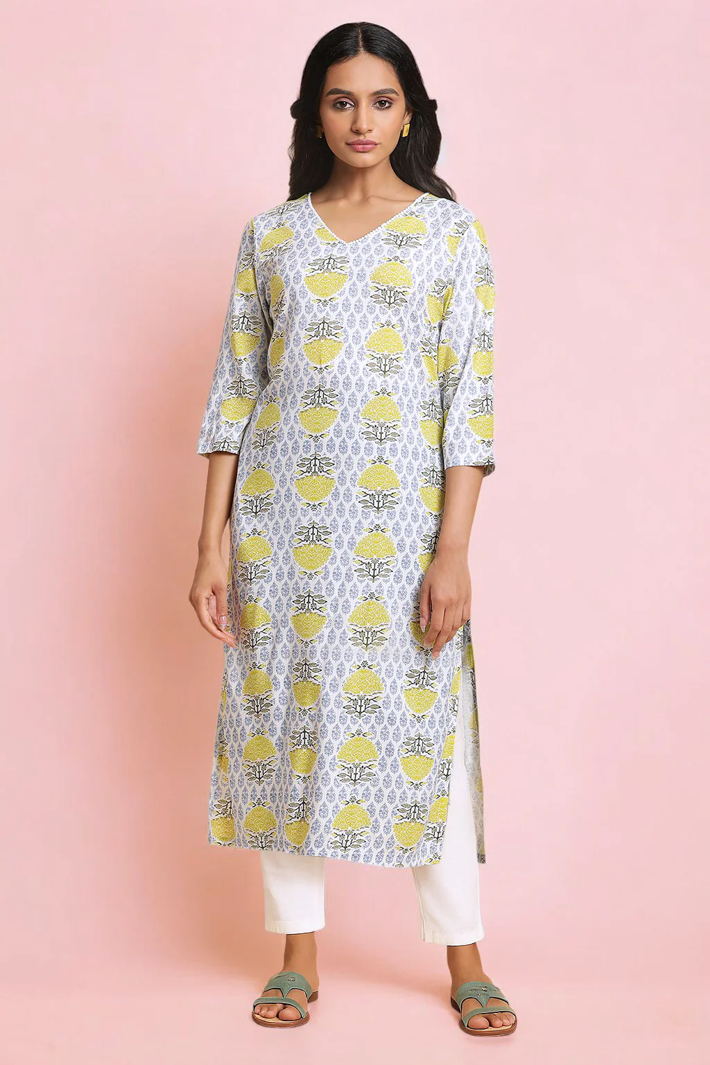 Ecru Lace Rayon Straight Kurta and Slim Pant Set - Image 2