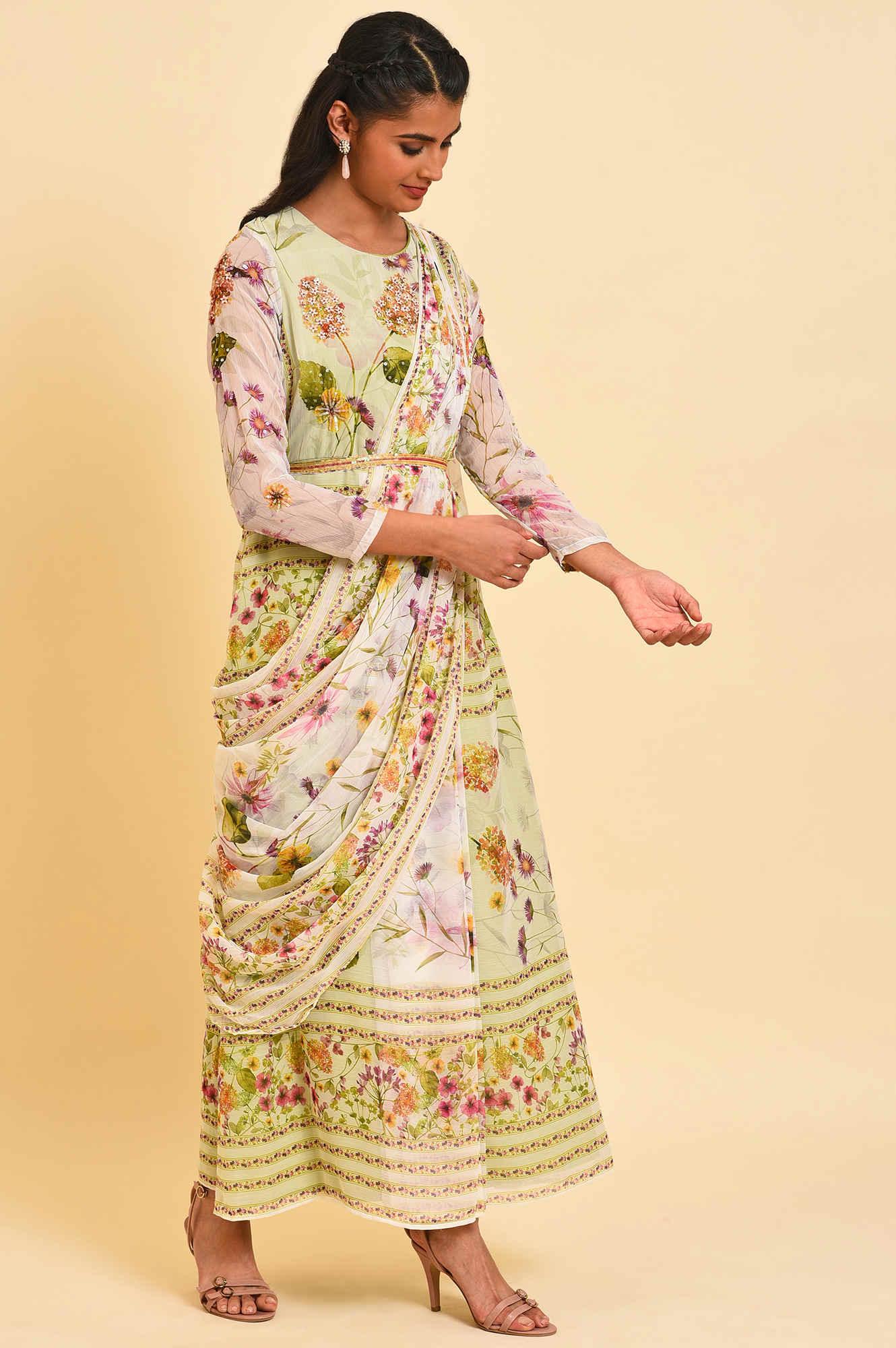 Ecru & Light Green Floral Printed Predrape Saree Dress - Image 4