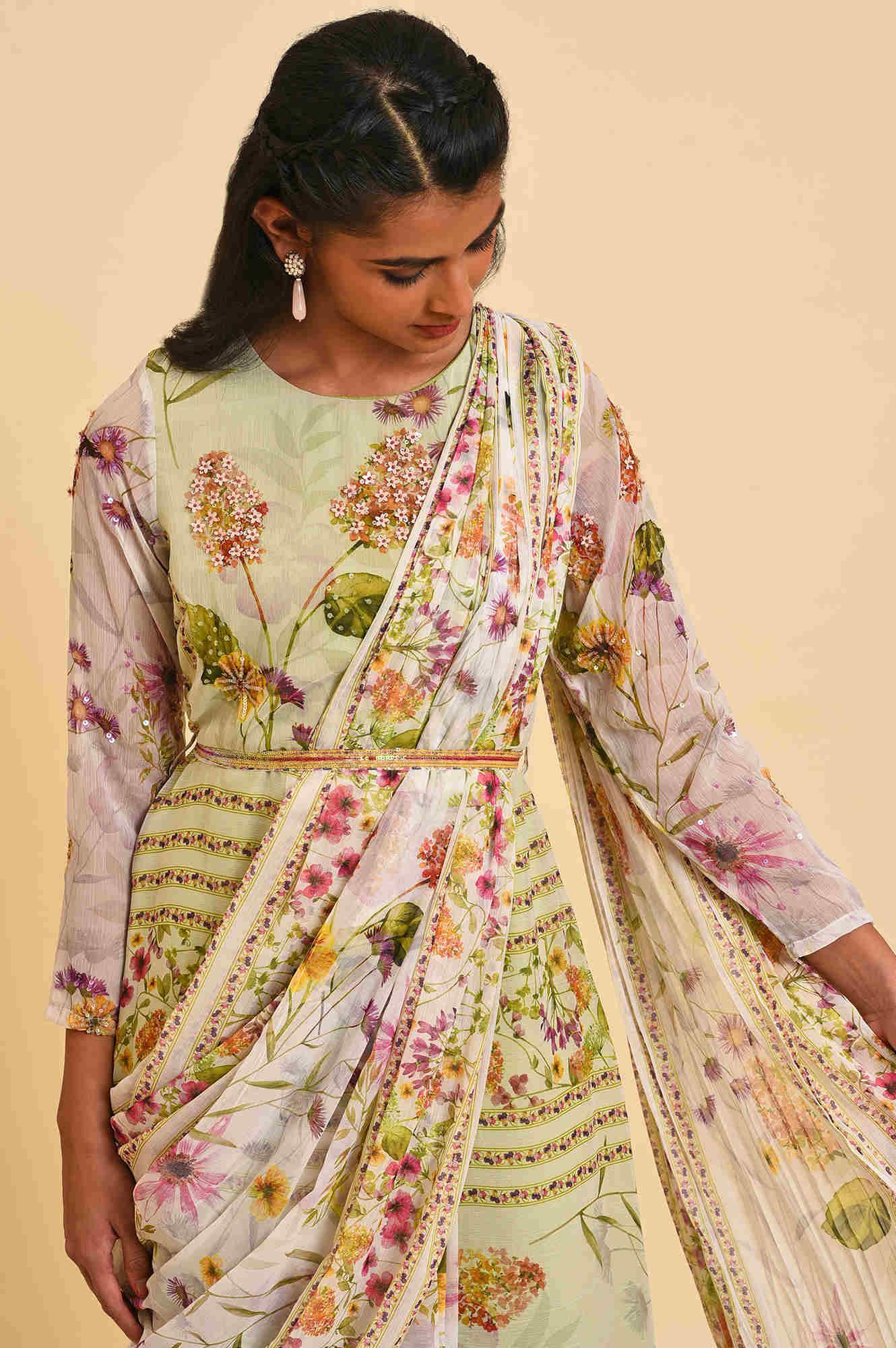 Ecru & Light Green Floral Printed Predrape Saree Dress - Image 5