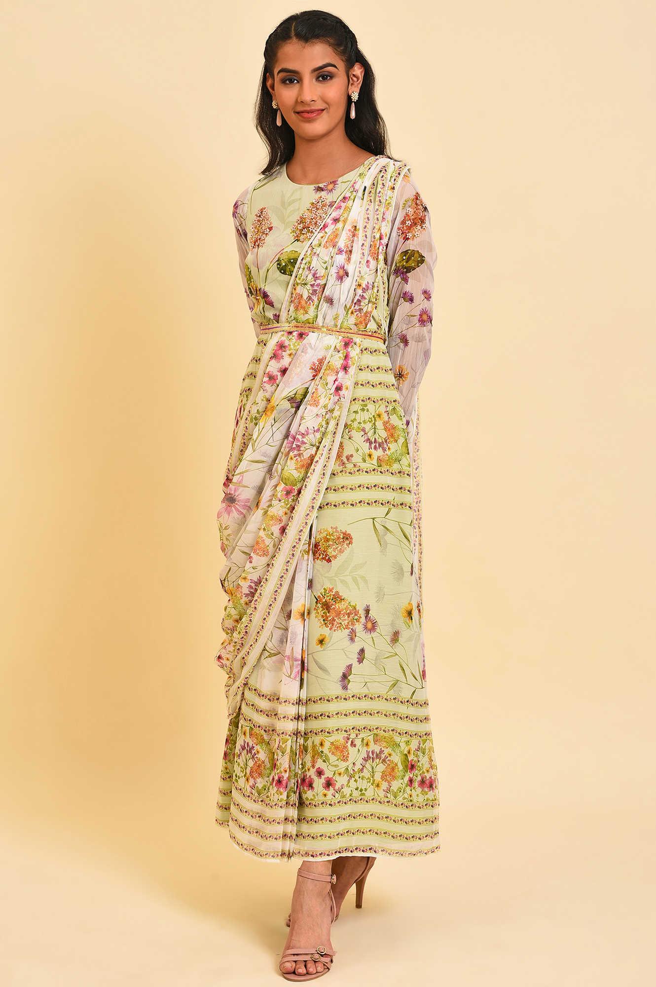 Ecru & Light Green Floral Printed Predrape Saree Dress - Image 6