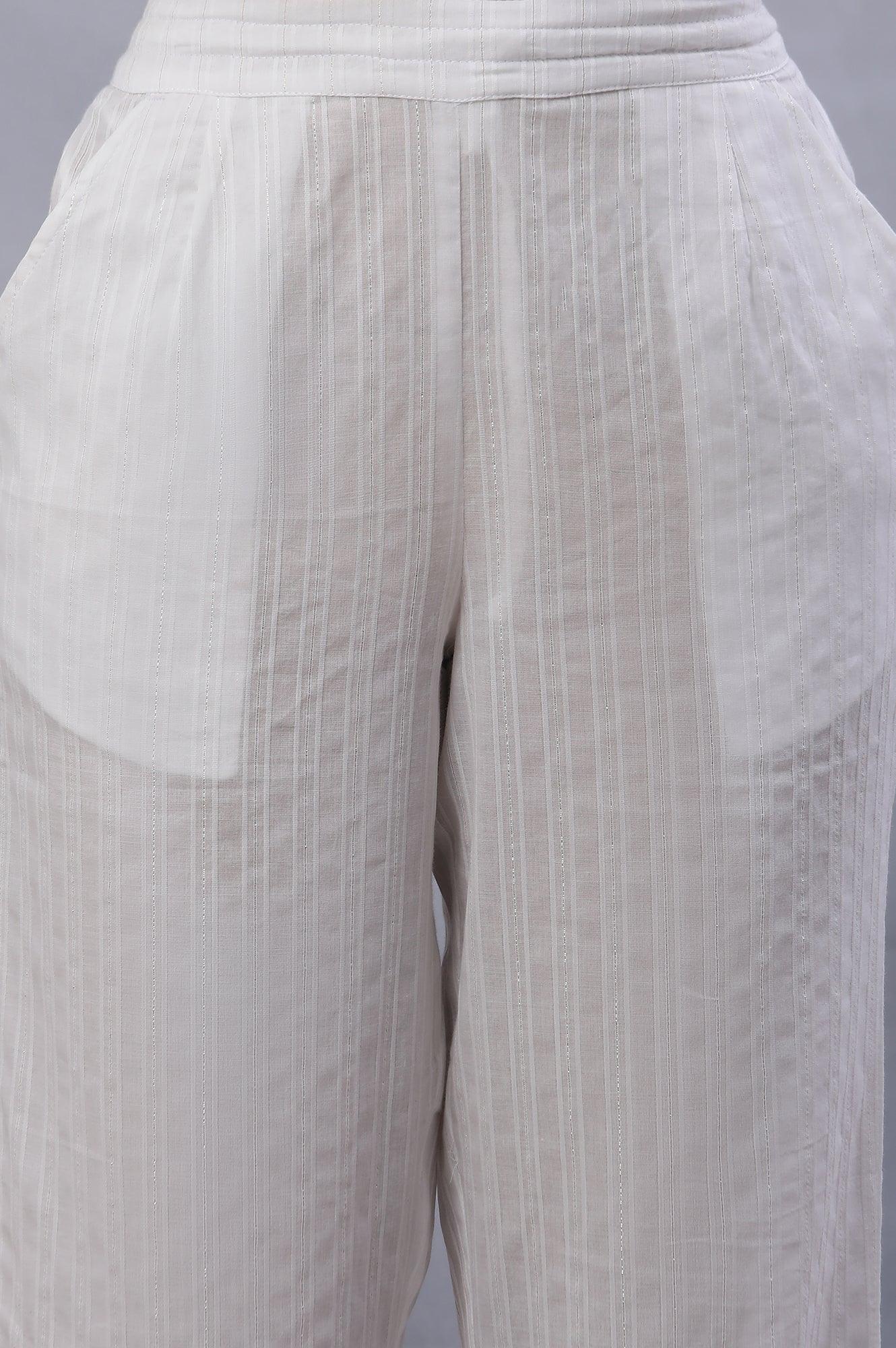 Ecru Lurex Stripes Pants With Embroidered Hemline - Image 6
