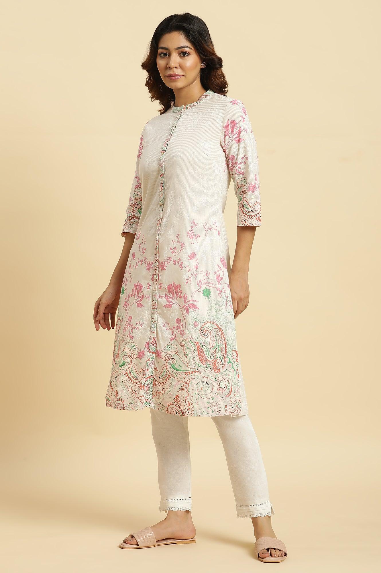 Ecru Mandarin Collar Kurta With Multi-Coloured Print - Image 3