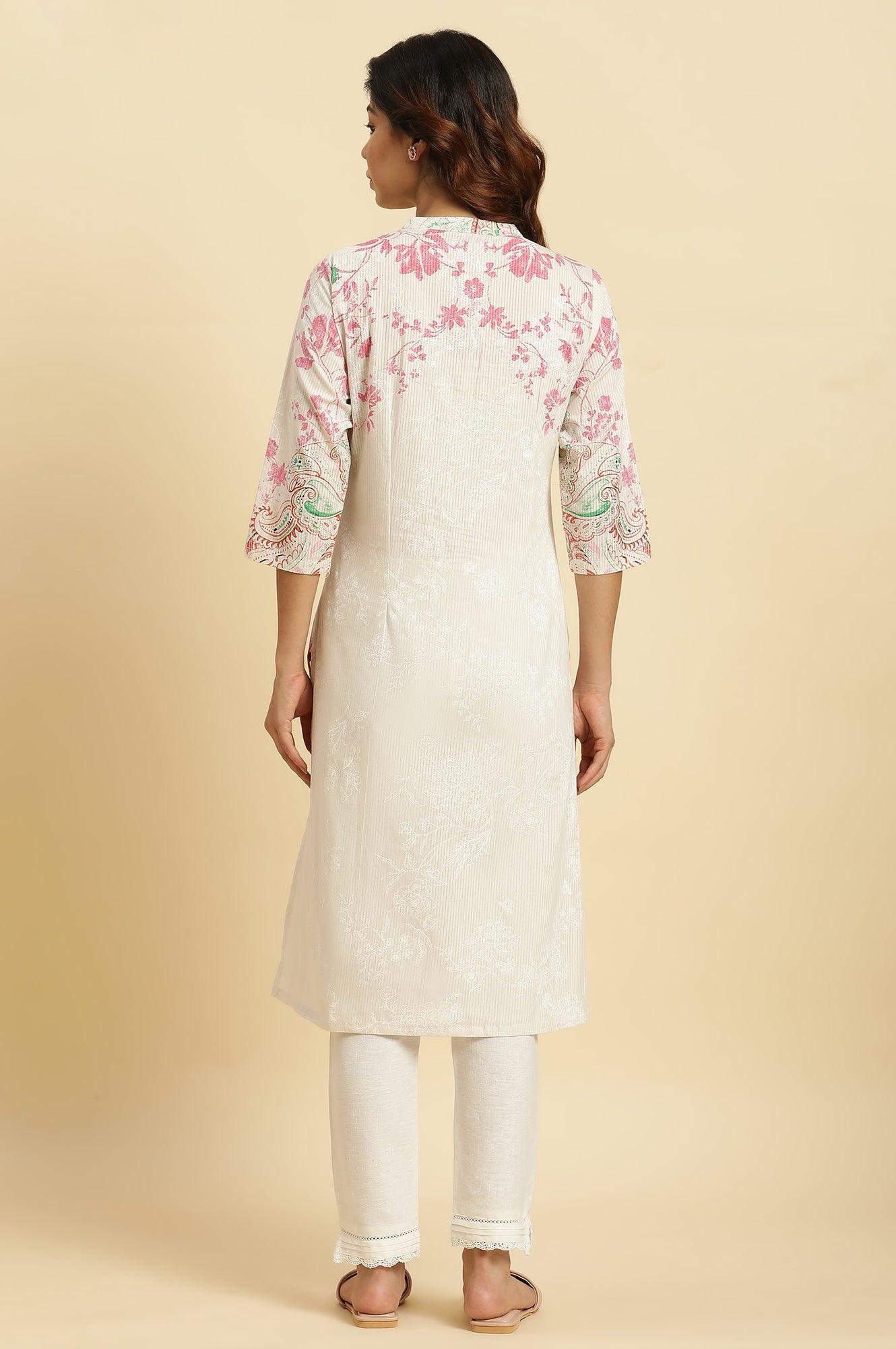 Ecru Mandarin Collar Kurta With Multi-Coloured Print - Image 4