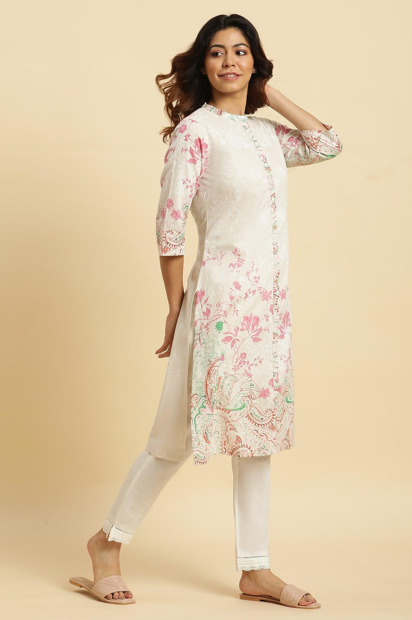 Ecru Mandarin Collar Kurta With Multi-Coloured Print - Image 5