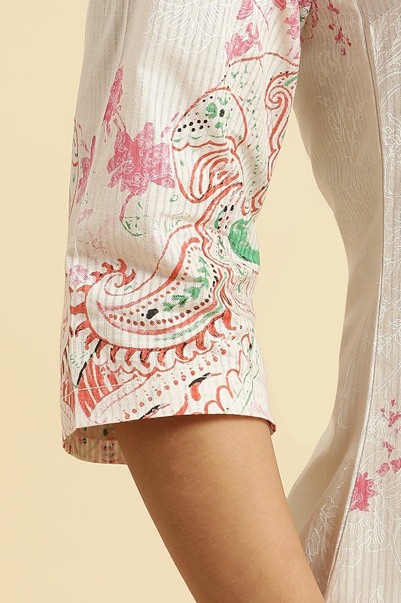 Ecru Mandarin Collar Kurta With Multi-Coloured Print - Image 7