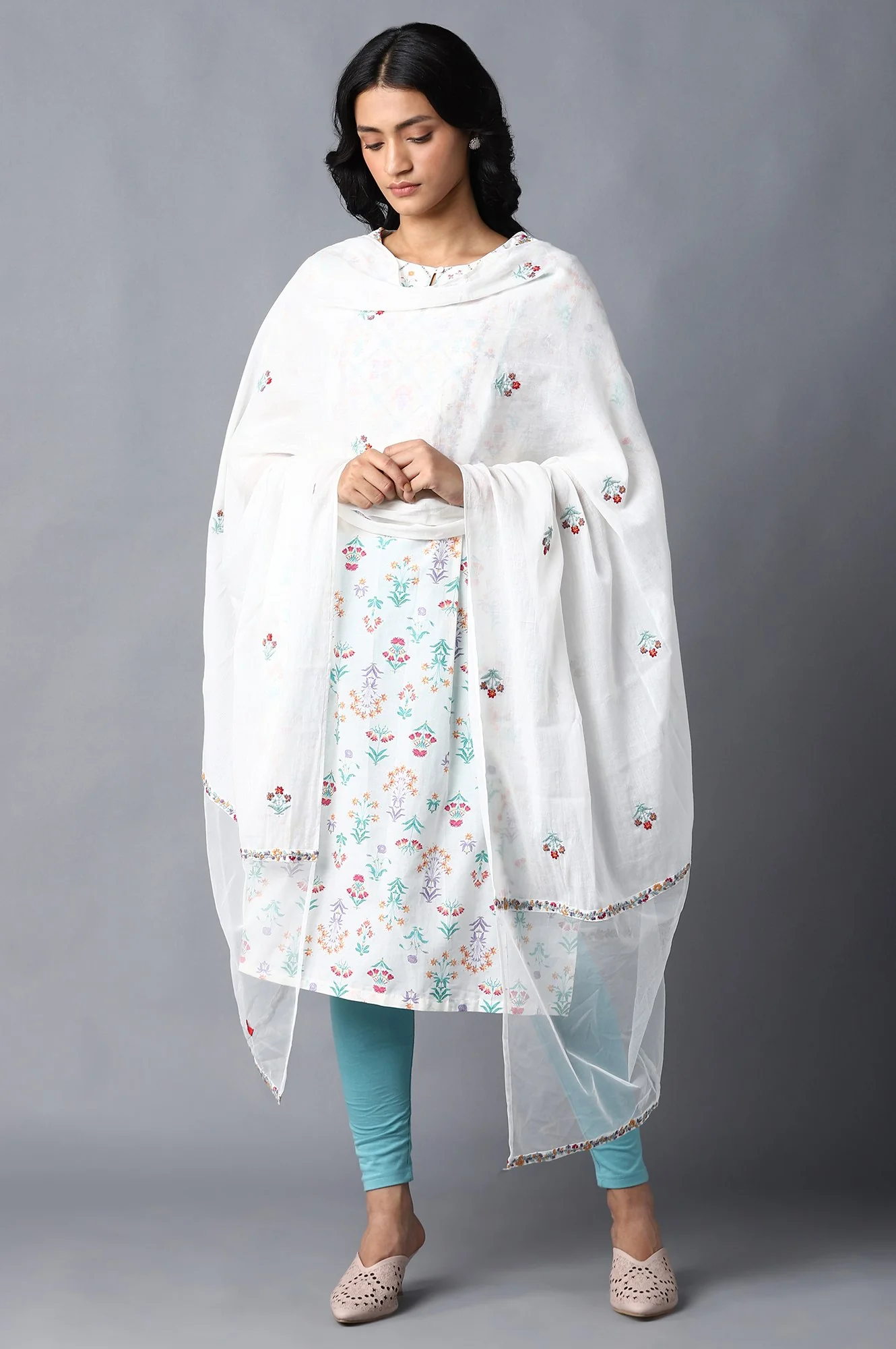 Ecru Mesh Dupatta With Embroidery - Image 2
