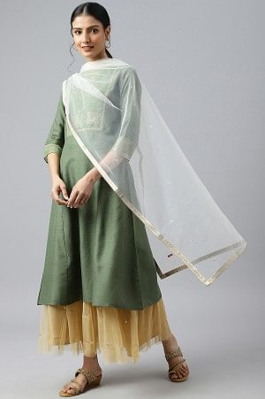 Ecru Mesh Dupatta With Sequins - Image 2