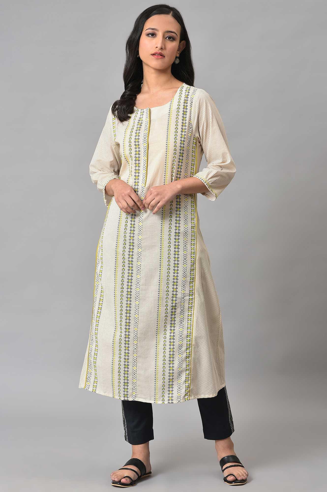 Off-White Printed Cotton Plus Size Straight Kurta