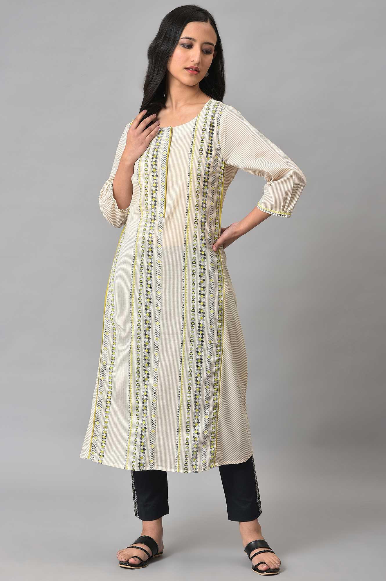 Off-White Printed Cotton Plus Size Straight Kurta - Image 6