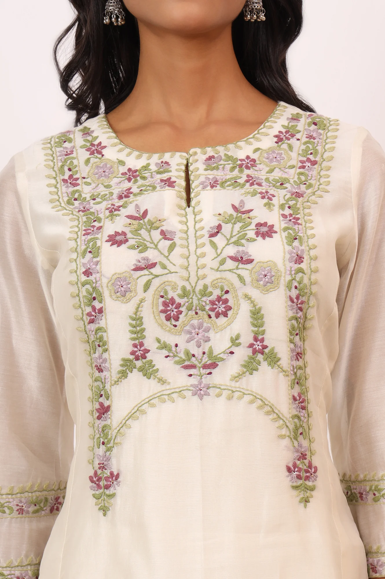 Ecru Multicoloured Chikankari Kurta in Cotton Silk - Image 4