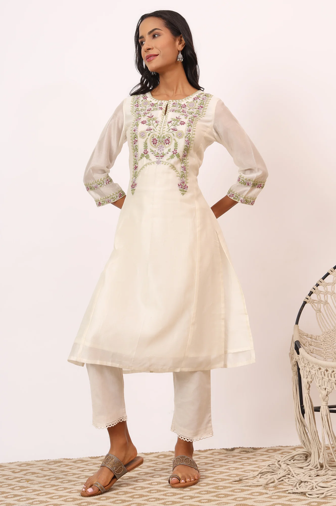 Ecru Multicoloured Chikankari Kurta in Cotton Silk - Image 5