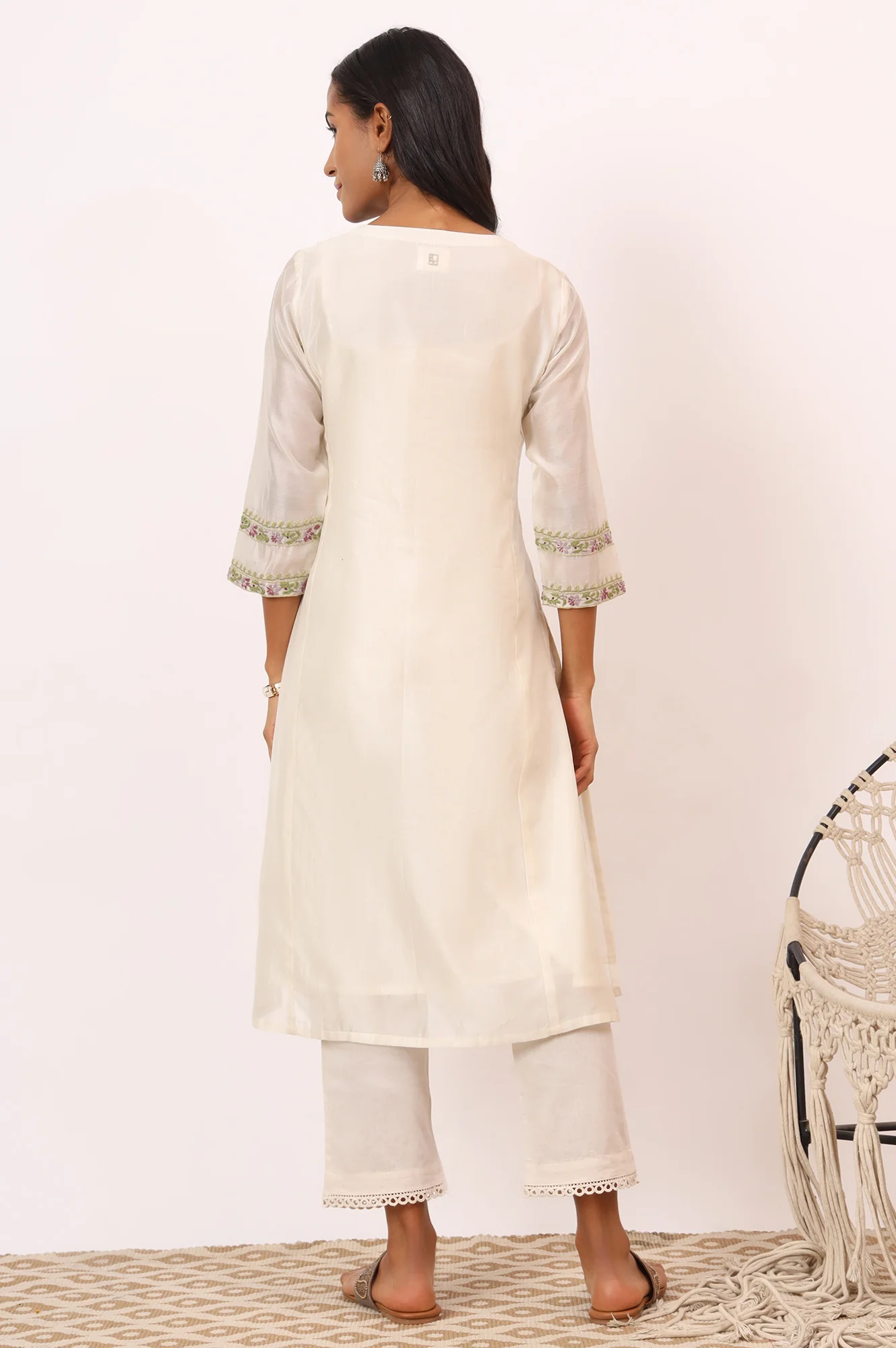 Ecru Multicoloured Chikankari Kurta in Cotton Silk - Image 6