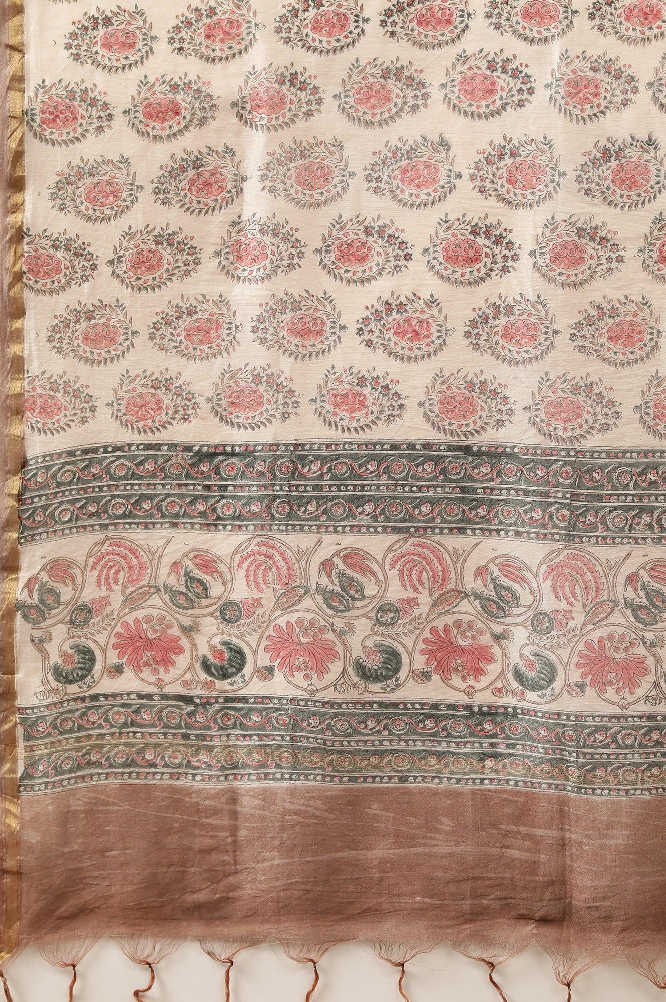 Ecru Multicoloured Printed Cotton Silk Drape - Image 3