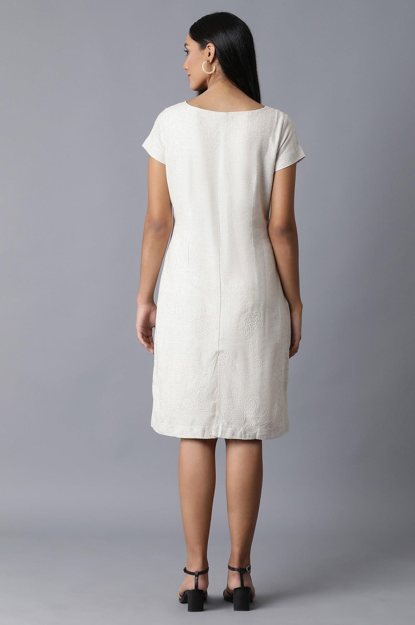 Ecru Natural Flax Embroidered Border Dress - Image 2