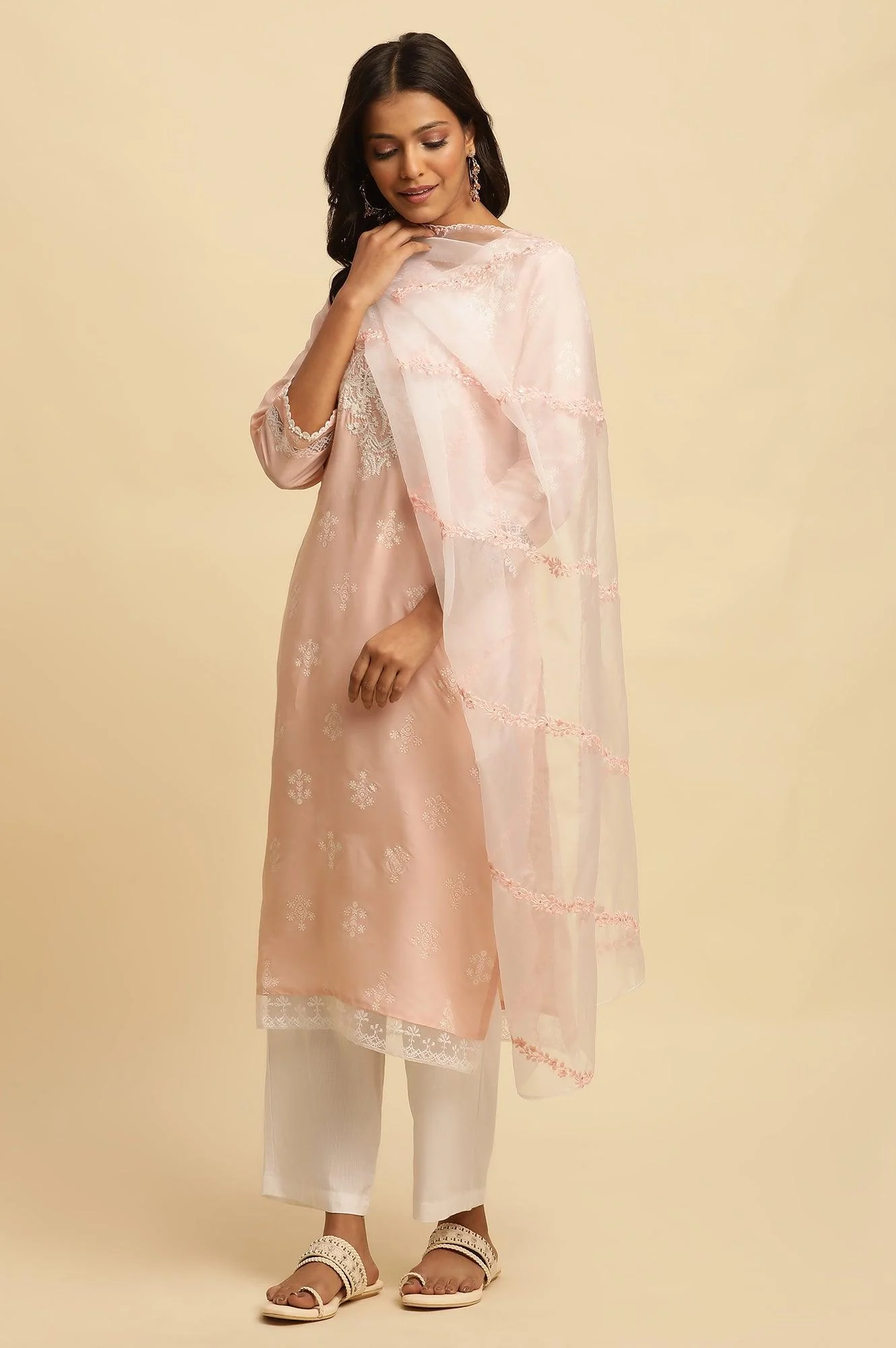 Ecru Organza Dupatta With Thread Embroidery - Image 3
