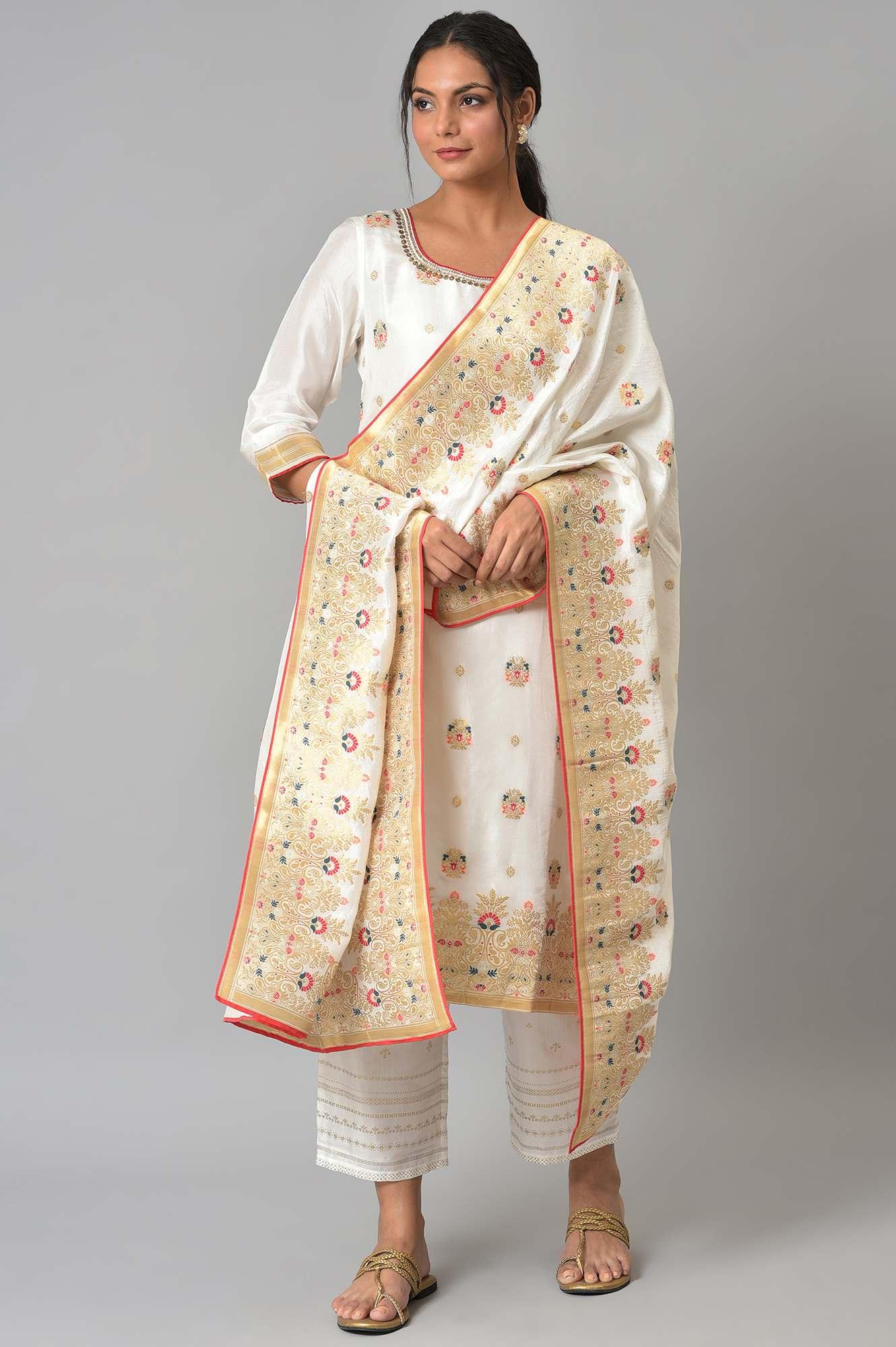 Ecru Paisley Print kurta With Straight Pants And Dupatta - Image 10