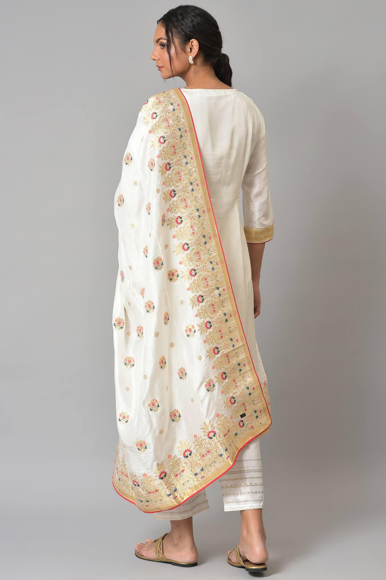 Ecru Paisley Print kurta With Straight Pants And Dupatta - Image 2