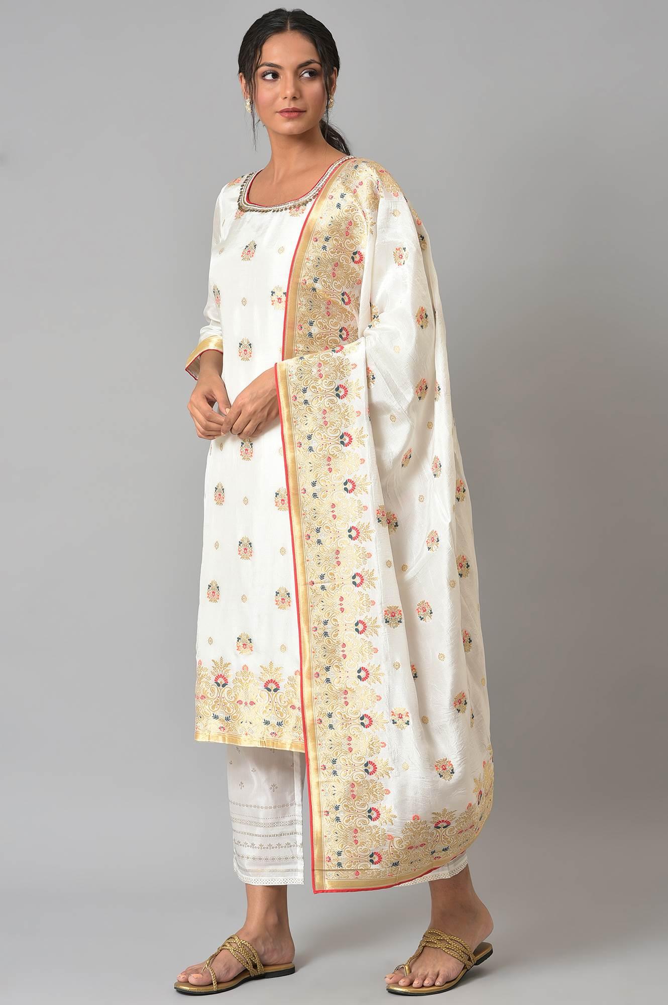 Ecru Paisley Print kurta With Straight Pants And Dupatta - Image 3