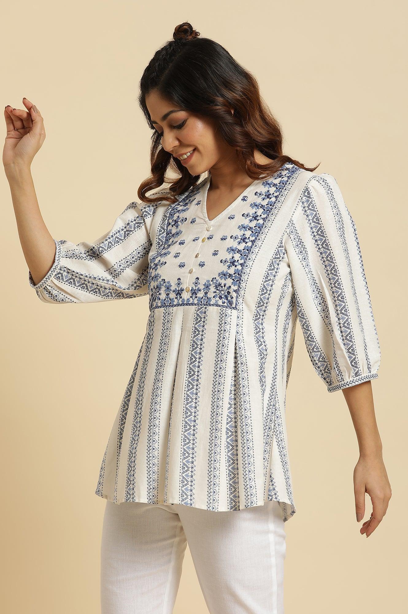 Ecru Peplum Top In Blue Print - Image 3