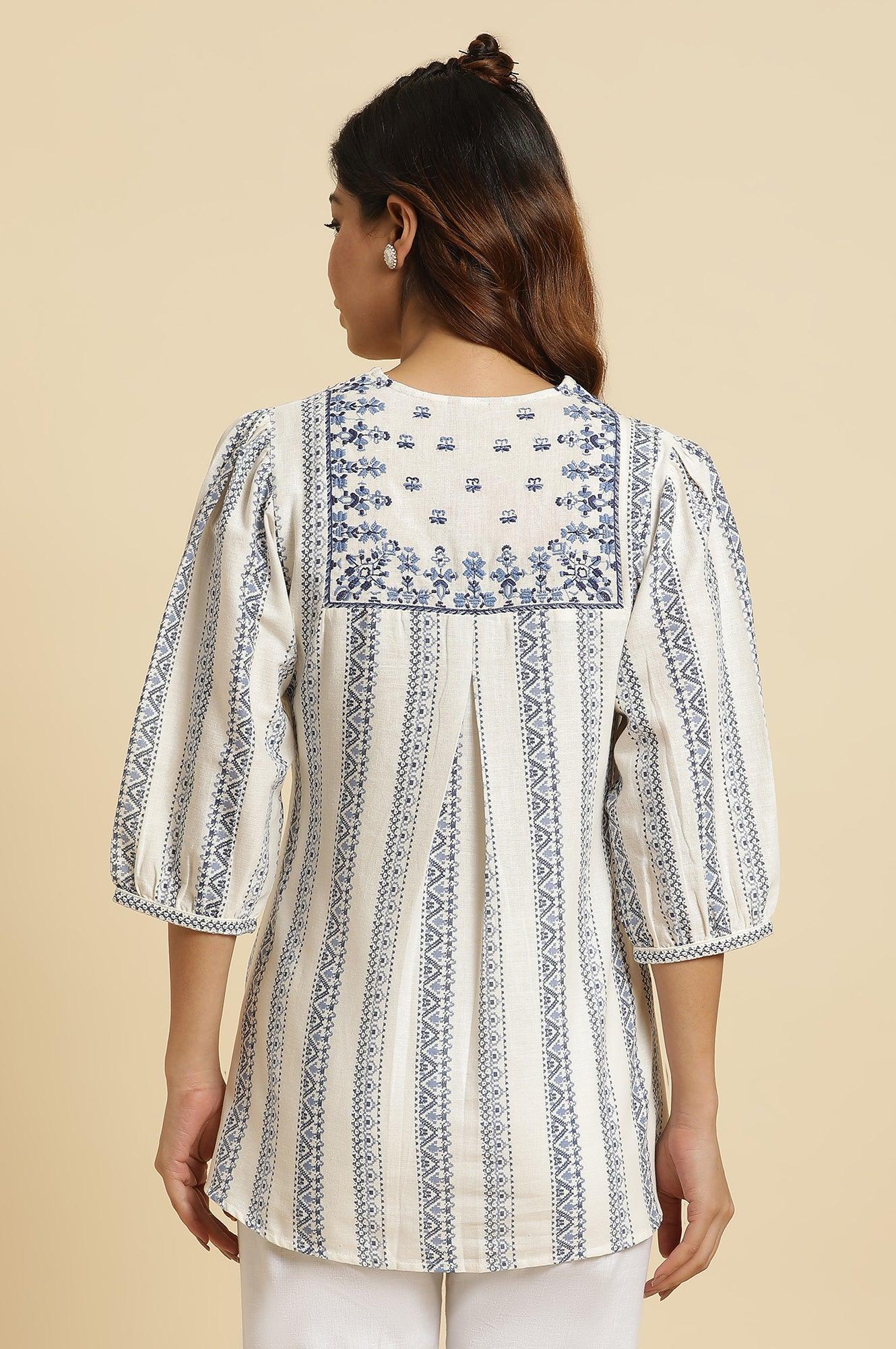 Ecru Peplum Top In Blue Print - Image 4