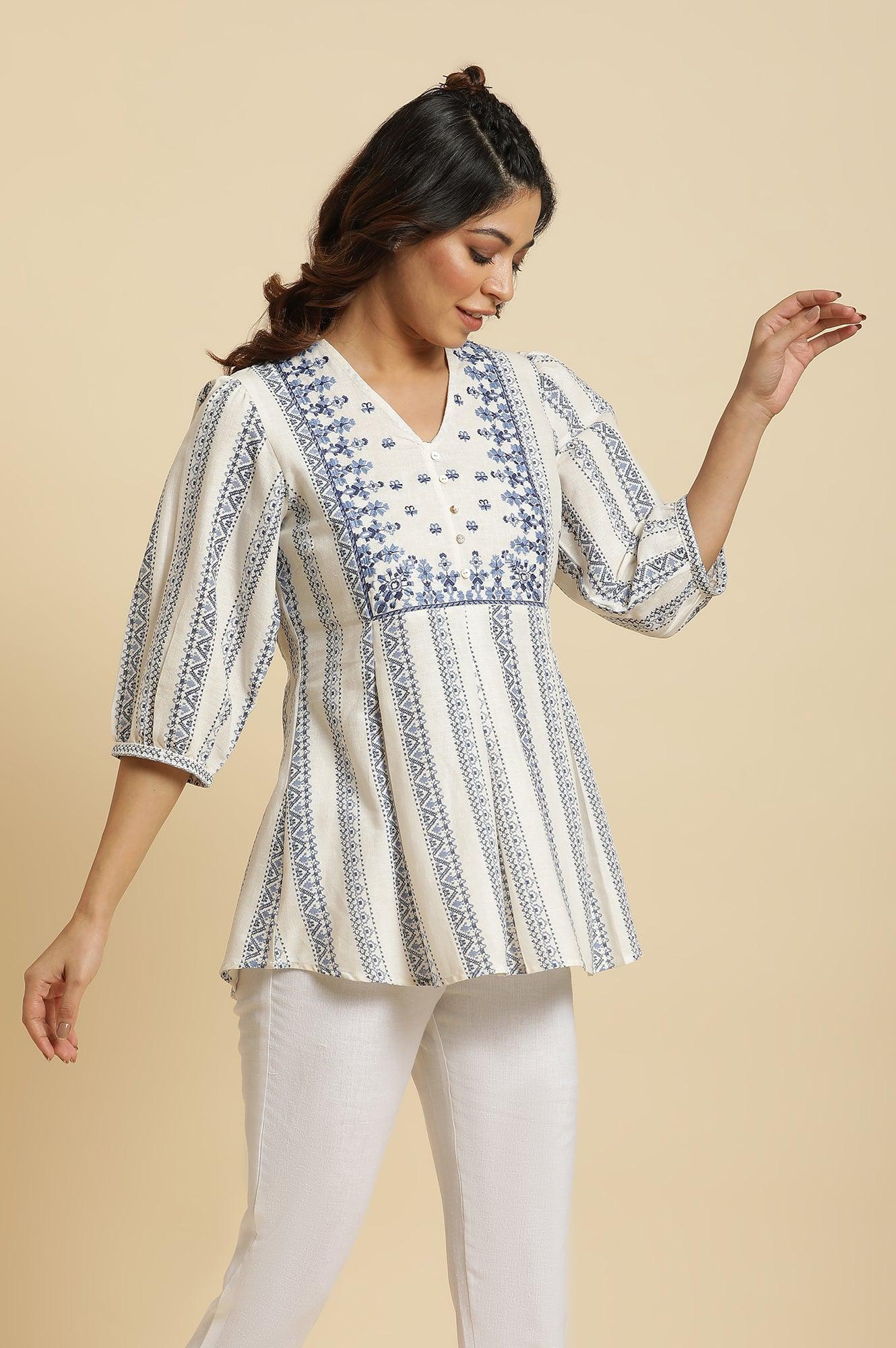 Ecru Peplum Top In Blue Print - Image 5