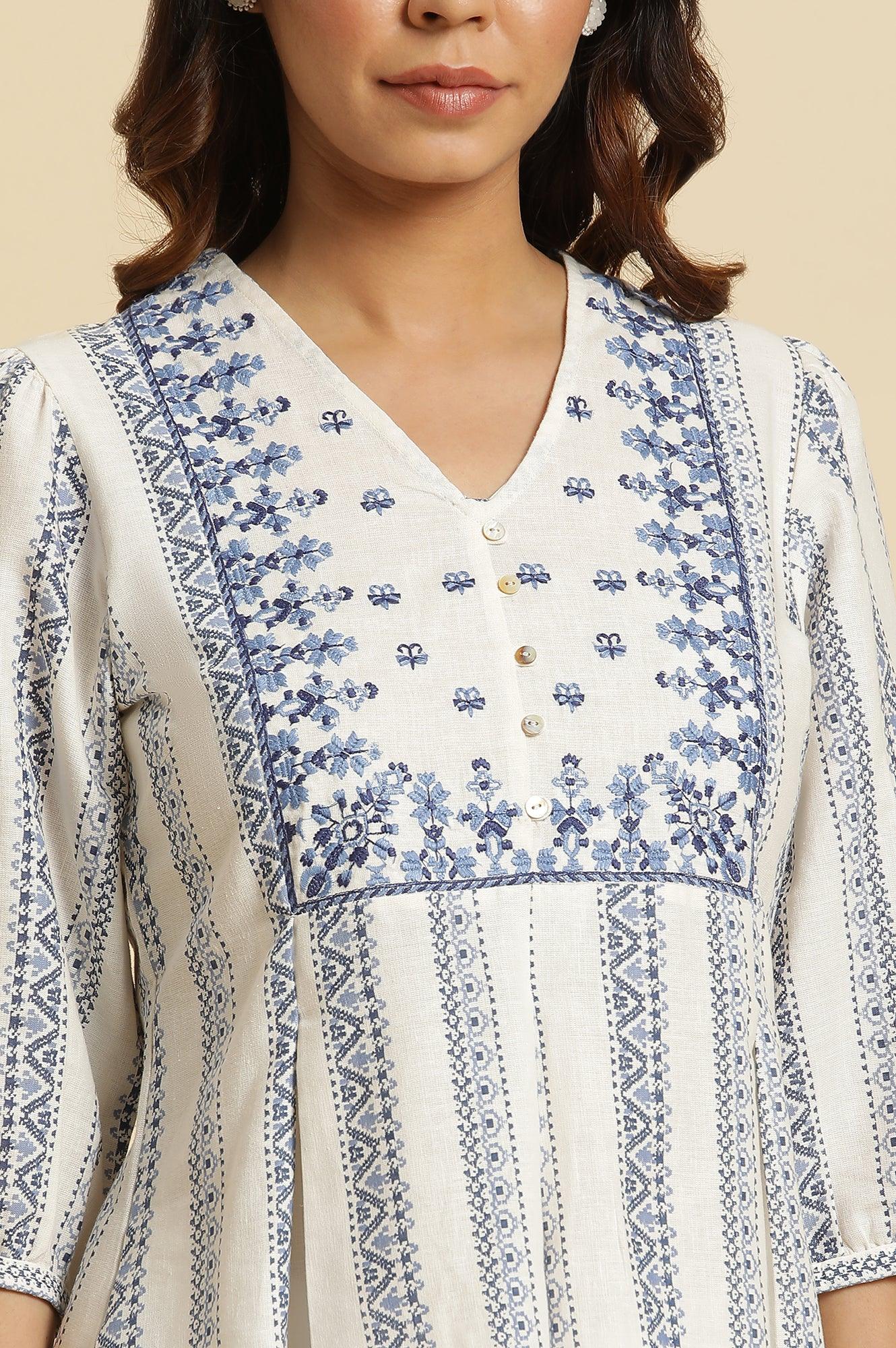 Ecru Peplum Top In Blue Print - Image 6