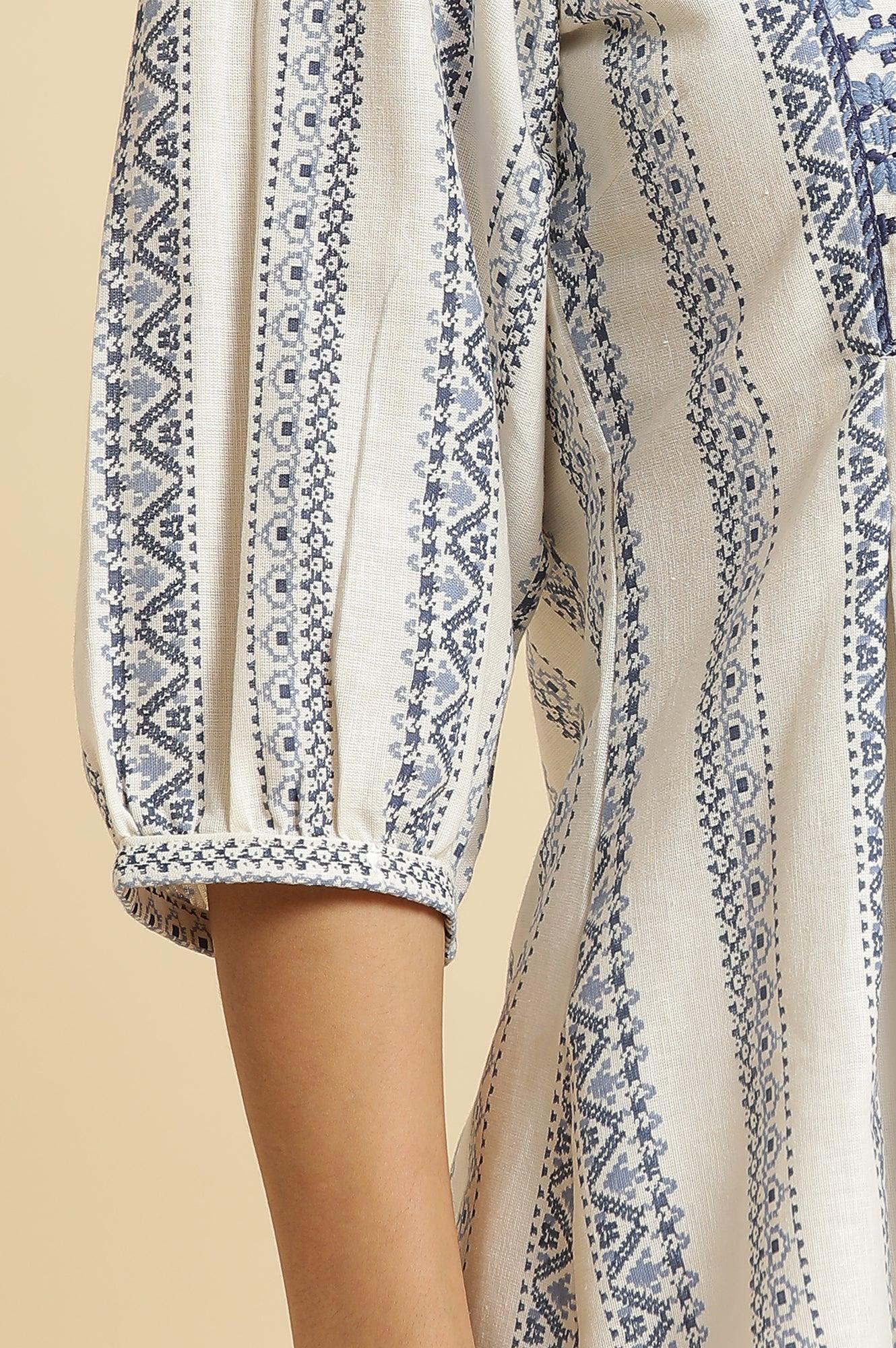Ecru Peplum Top In Blue Print - Image 7