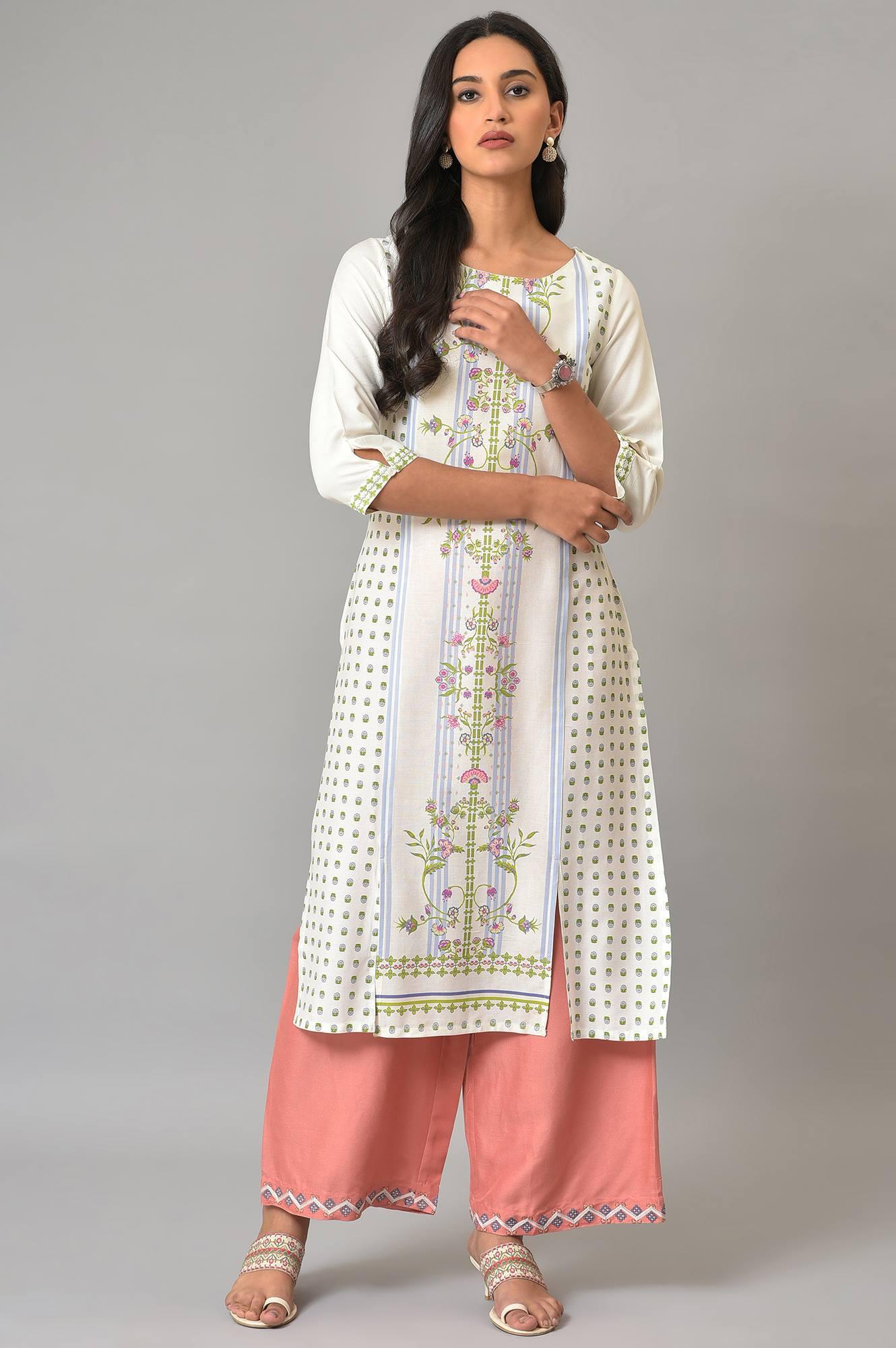 Ecru Placement Floral Printed Summer kurta - Image 6