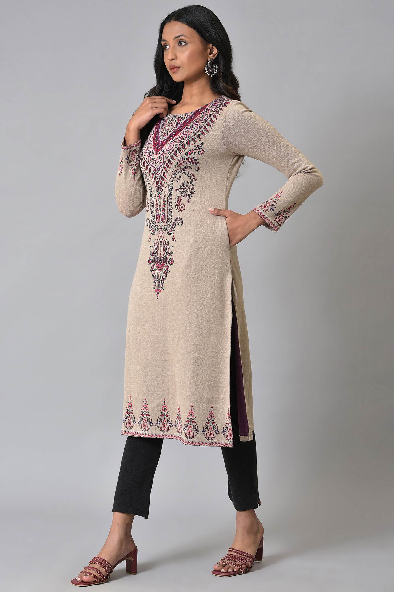 Ecru Placement Printed Jacquard Winter kurta - Image 3