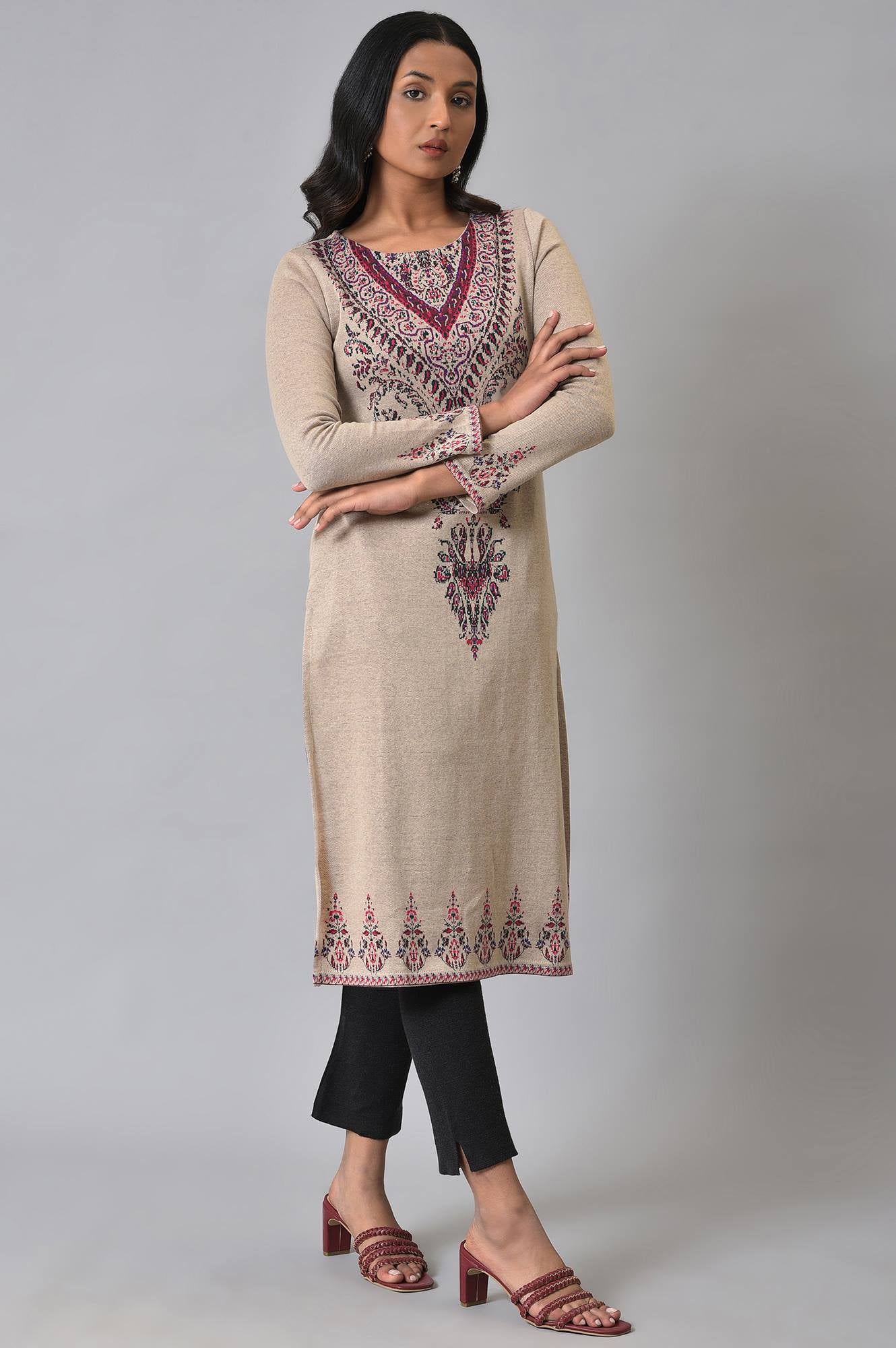 Ecru Placement Printed Jacquard Winter kurta - Image 4