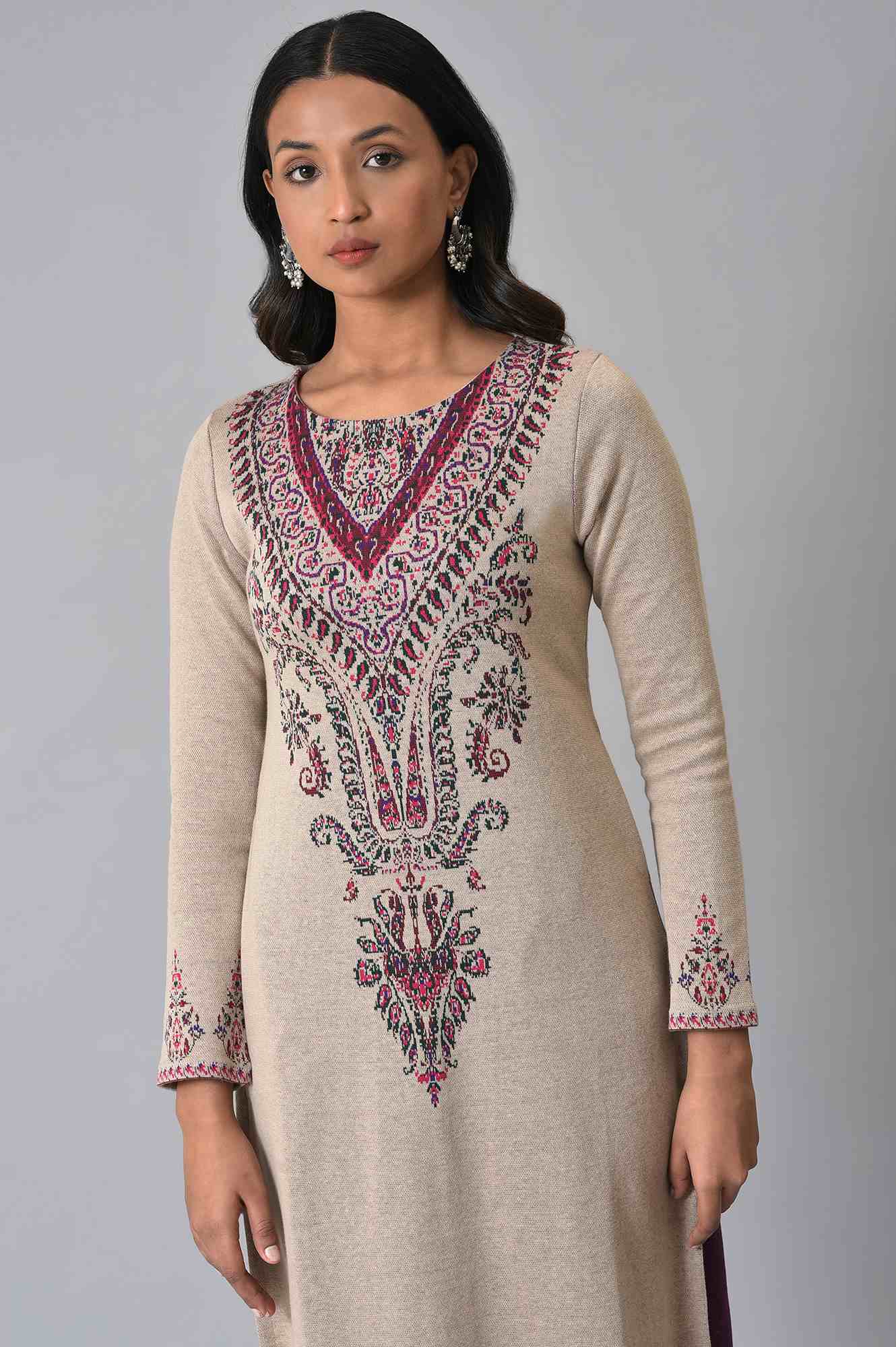 Ecru Placement Printed Jacquard Winter kurta - Image 5