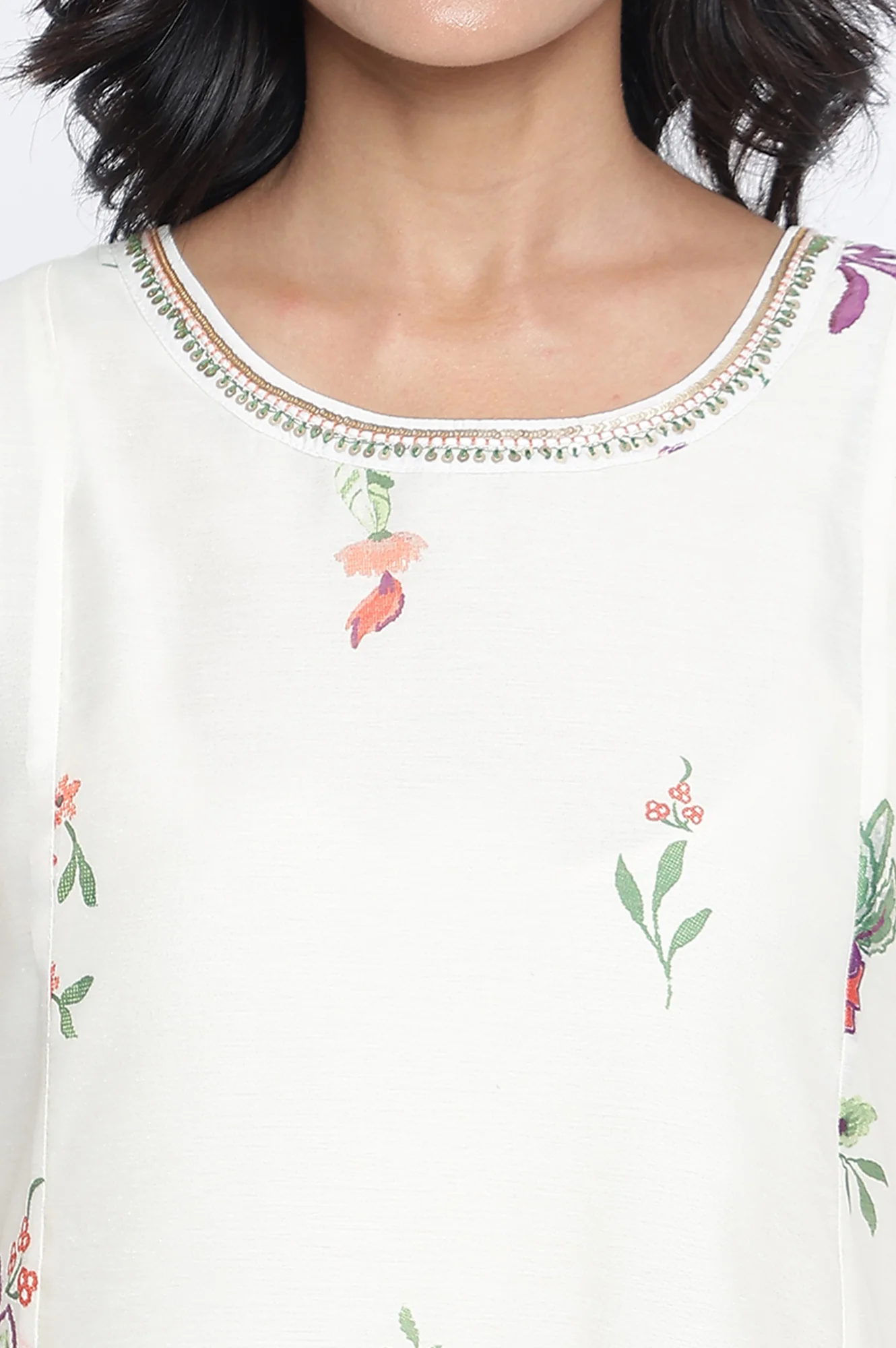 Ecru Printed Chanderi A-line Kurta - Image 2