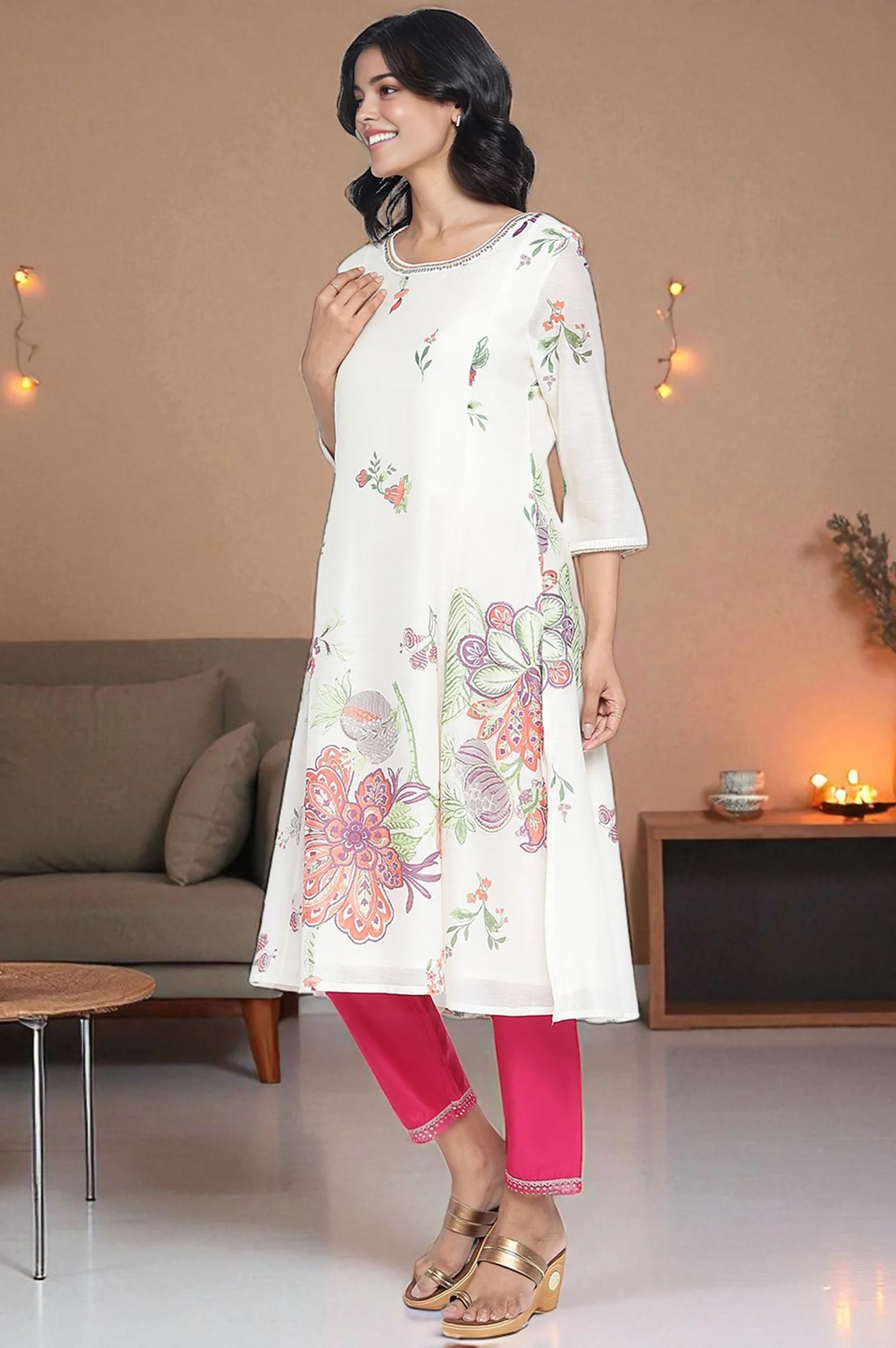 Ecru Printed Chanderi A-line Kurta - Image 3