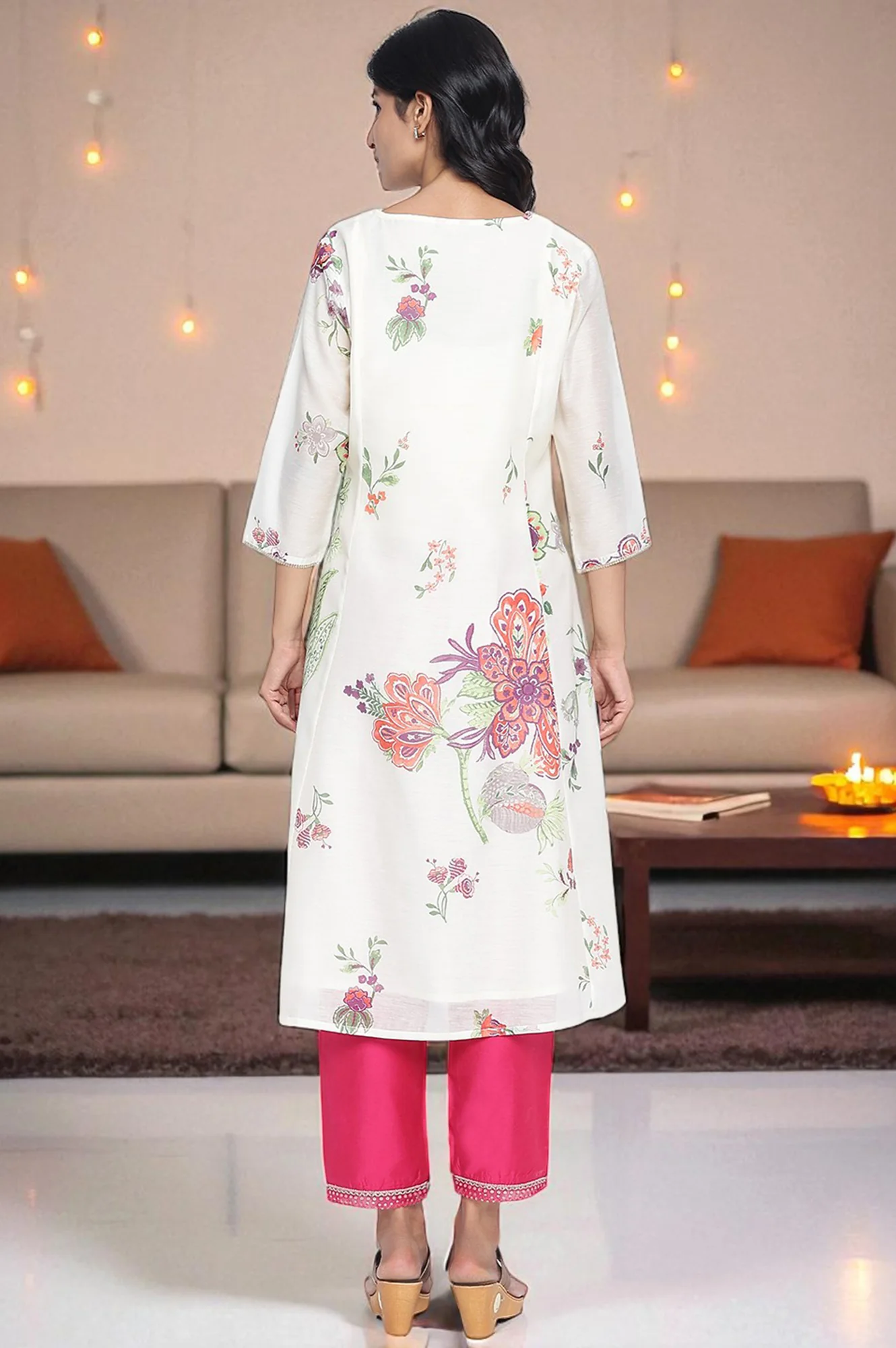Ecru Printed Chanderi A-line Kurta - Image 4