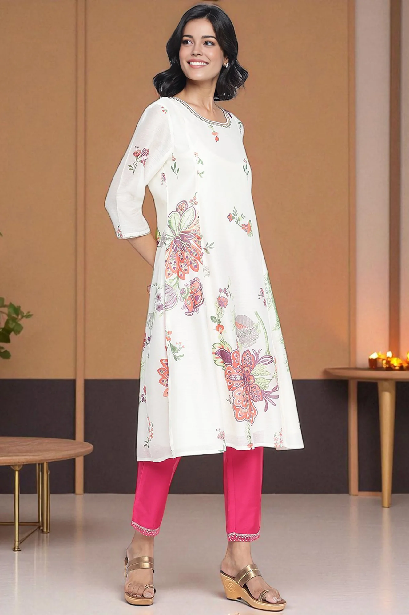 Ecru Printed Chanderi A-line Kurta - Image 5