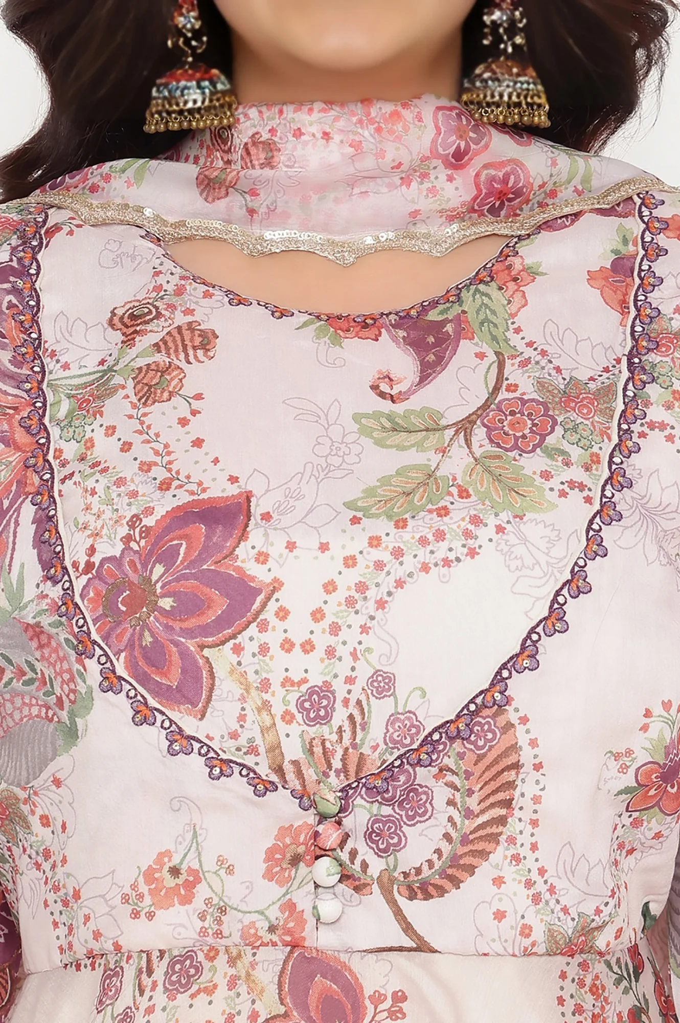 Ecru Printed Chanderi Flared Kurta, Straight Pant and Dupatta Set - Image 2