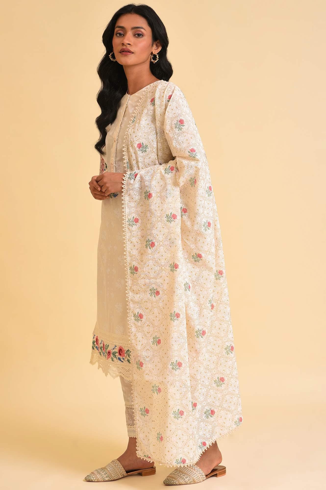 Ecru Printed Festive kurta, Pants & Dupatta Set - Image 3