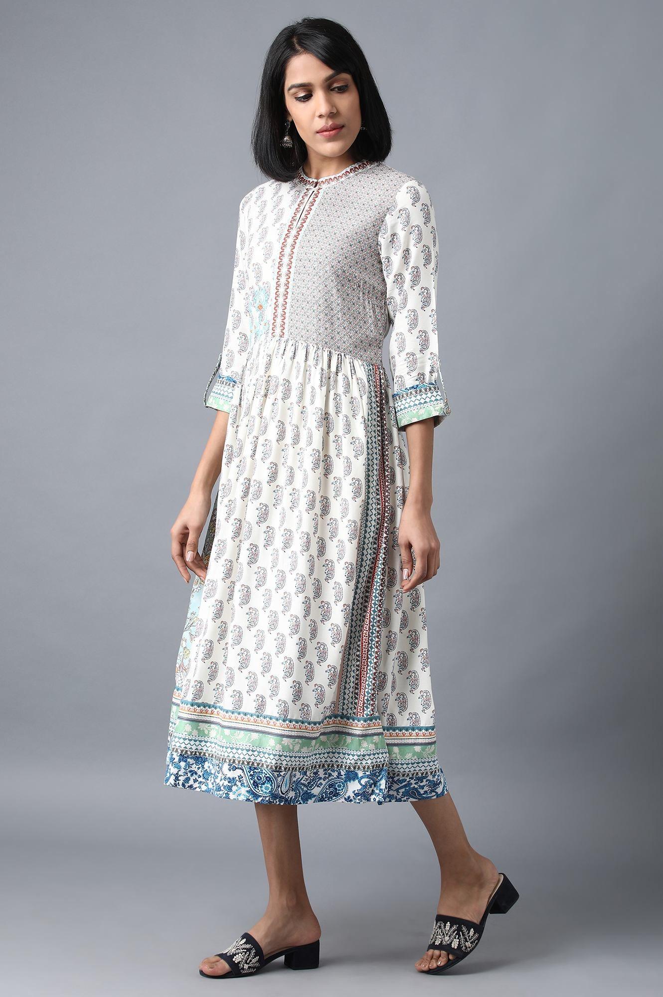 Ecru Printed Gathered Dress - Image 3