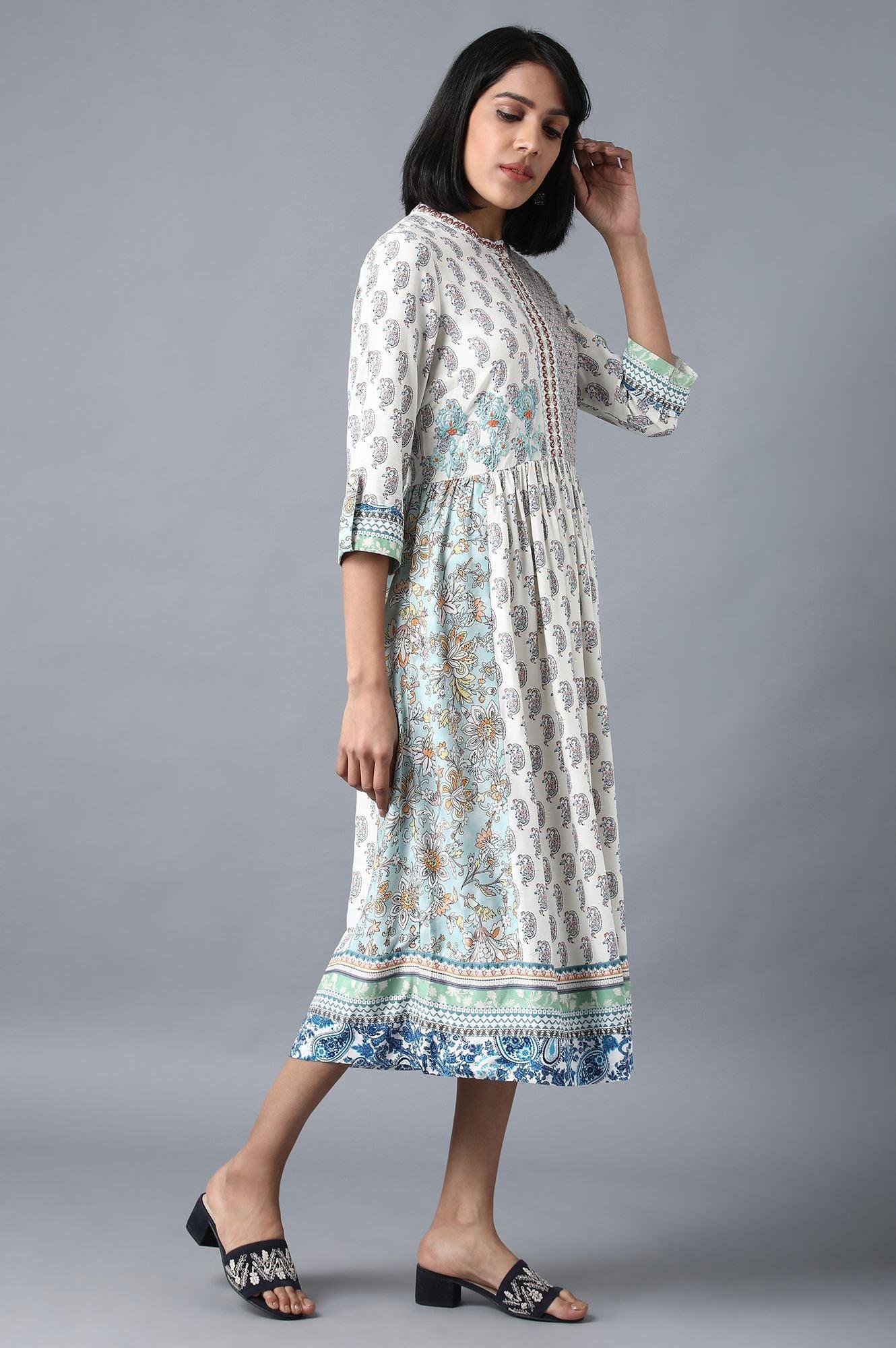 Ecru Printed Gathered Dress - Image 4