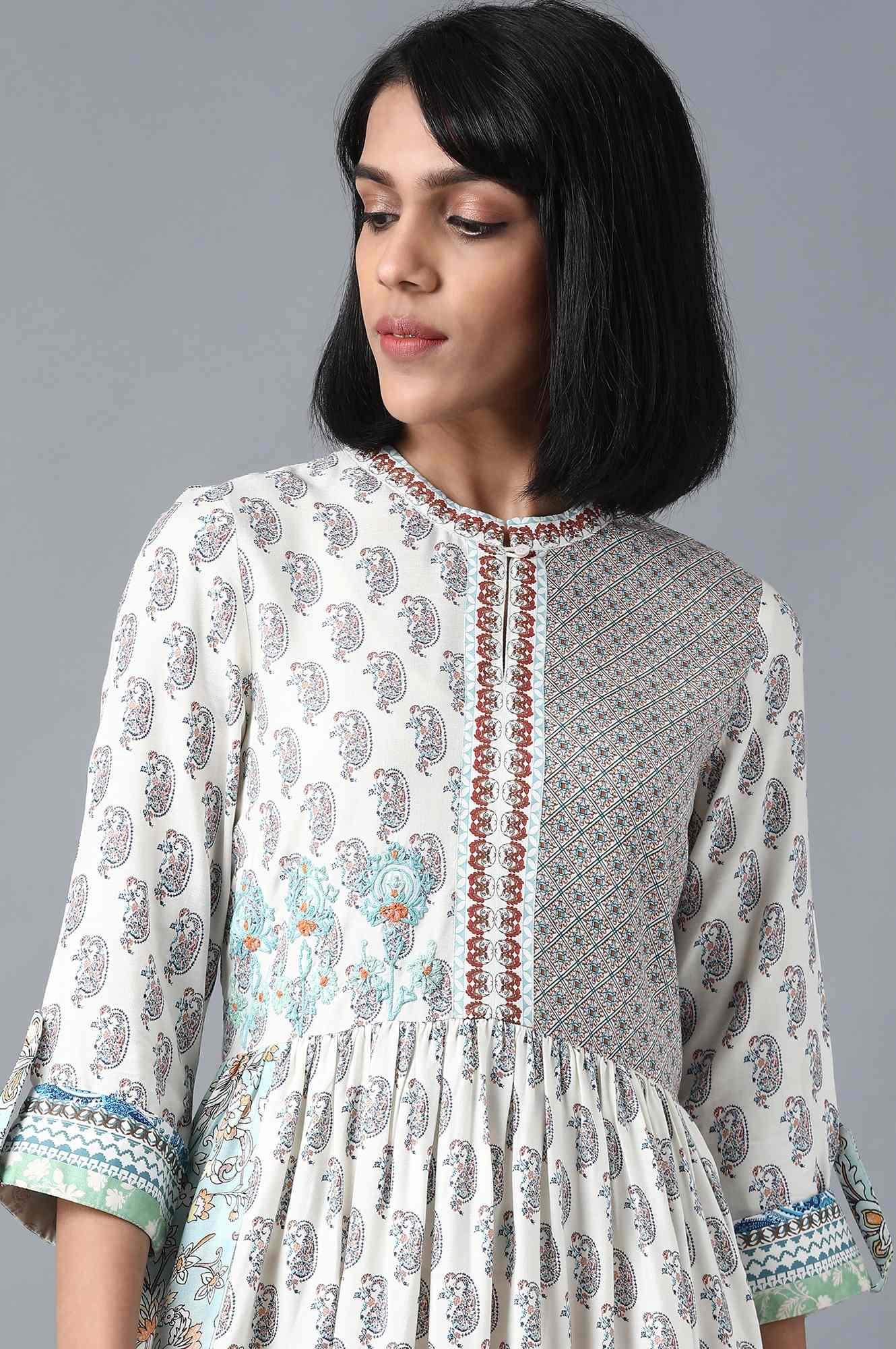 Ecru Printed Gathered Dress - Image 5